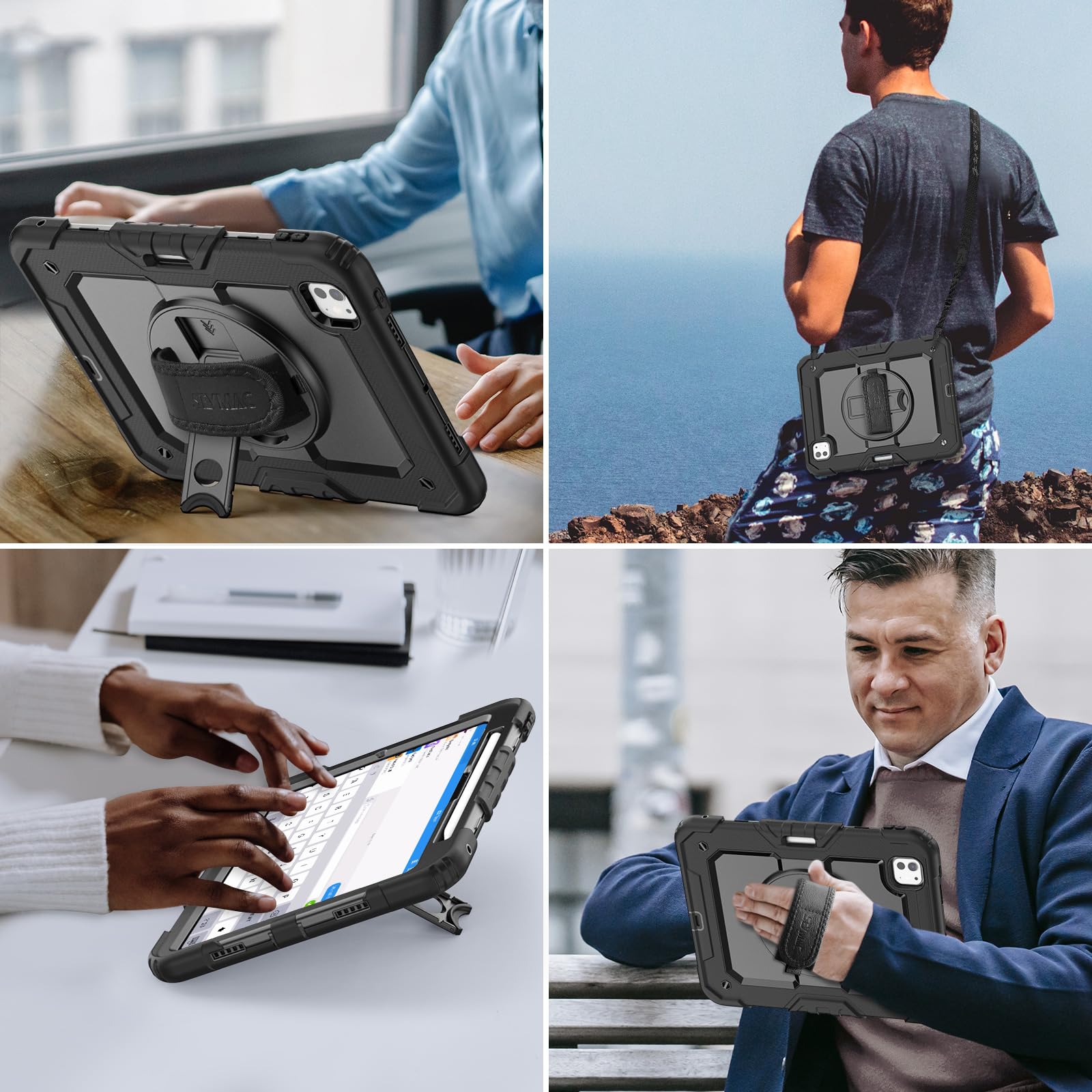 SEYMAC Funda para iPad Pro 11 Pulgadas M5/M4 2025/2024, Funda Resistente a Impactos con Protección para Pantalla, Soporte Giratorio 360°, Correa para el Hombro y Soporte para Lápiz, Negro