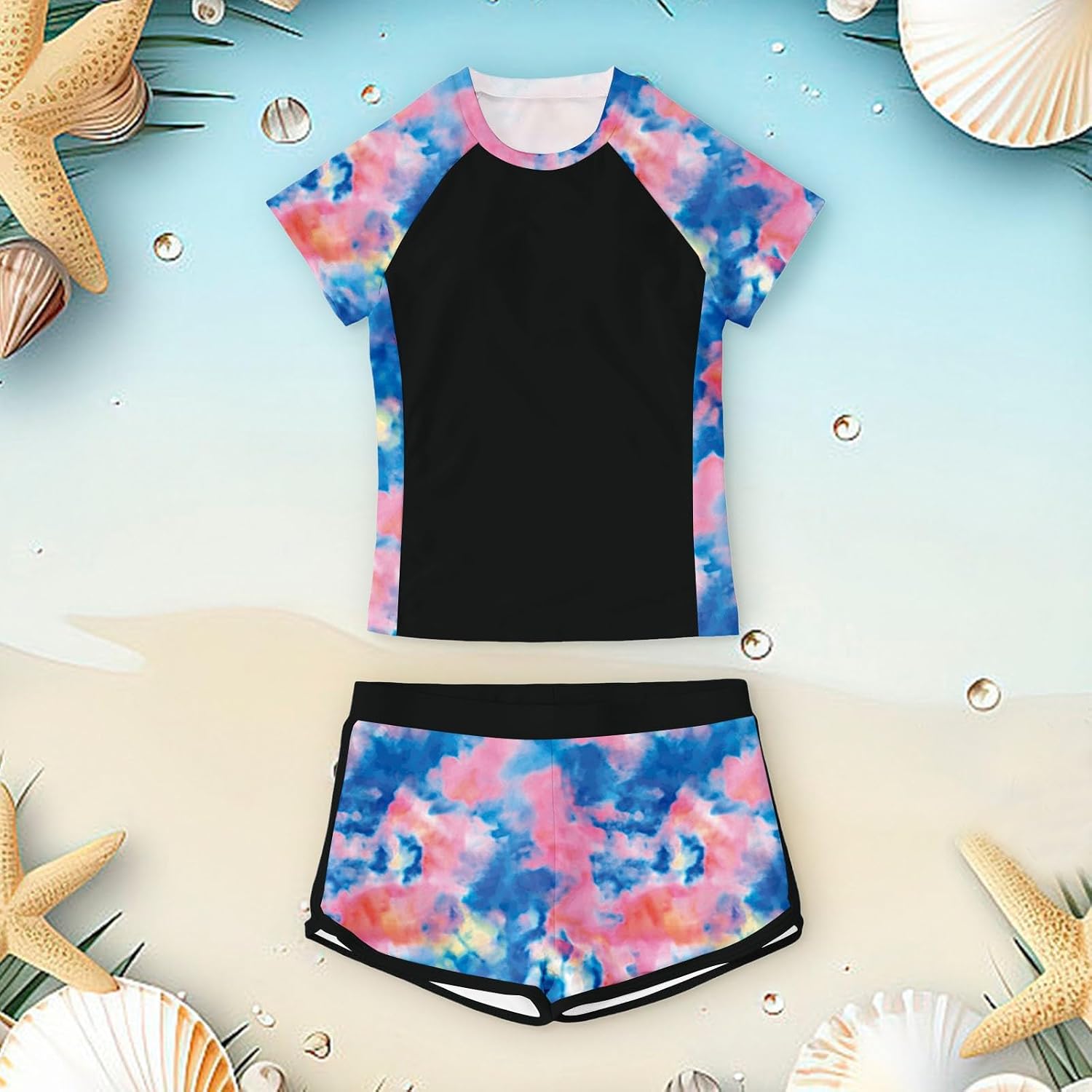 Girls Swimsuit with Shorts High Waisted Stretchy Beach Stretchy Soft Print Swimwear Athletic Quick Drying Pool Teens Swim Set