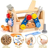 Vista 5 de TONZE Juego de herramientas para niños con delantal, caja de banco de herramientas de madera para niños pequeños, juguetes Montessori para niños
