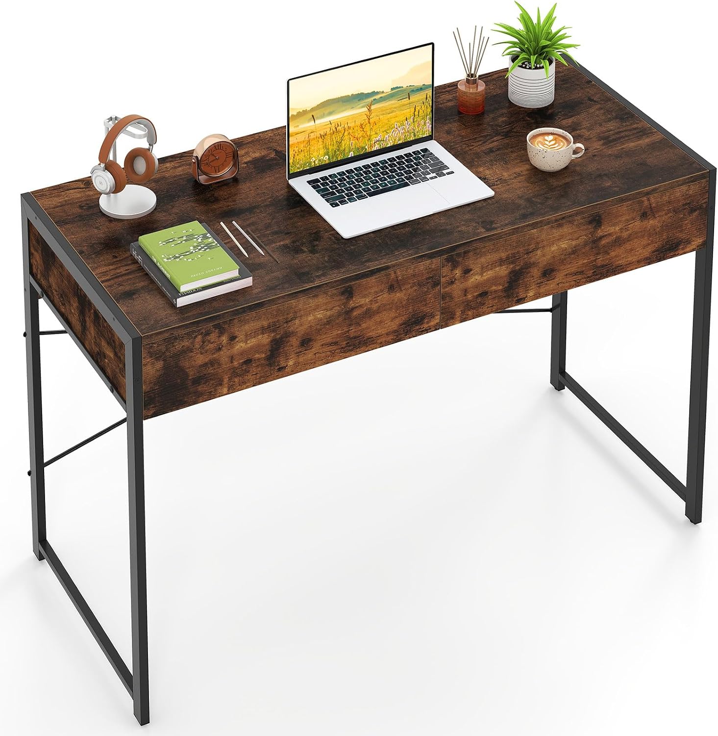 COSTWAY Computer Desk with 2 Drawers Desk with Metal Frame Multifunctional Work Table Dressing Table 111   48   76 cm for Bedroom Home Office