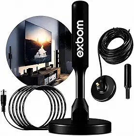 EXBOM Antena Digital Interna e Externa HDTV 4K com Cabo de 5metros e Base com imã – Compatível com Smart TV, Led, LCD, 3D - Capta Sinal HD UHF/VHF