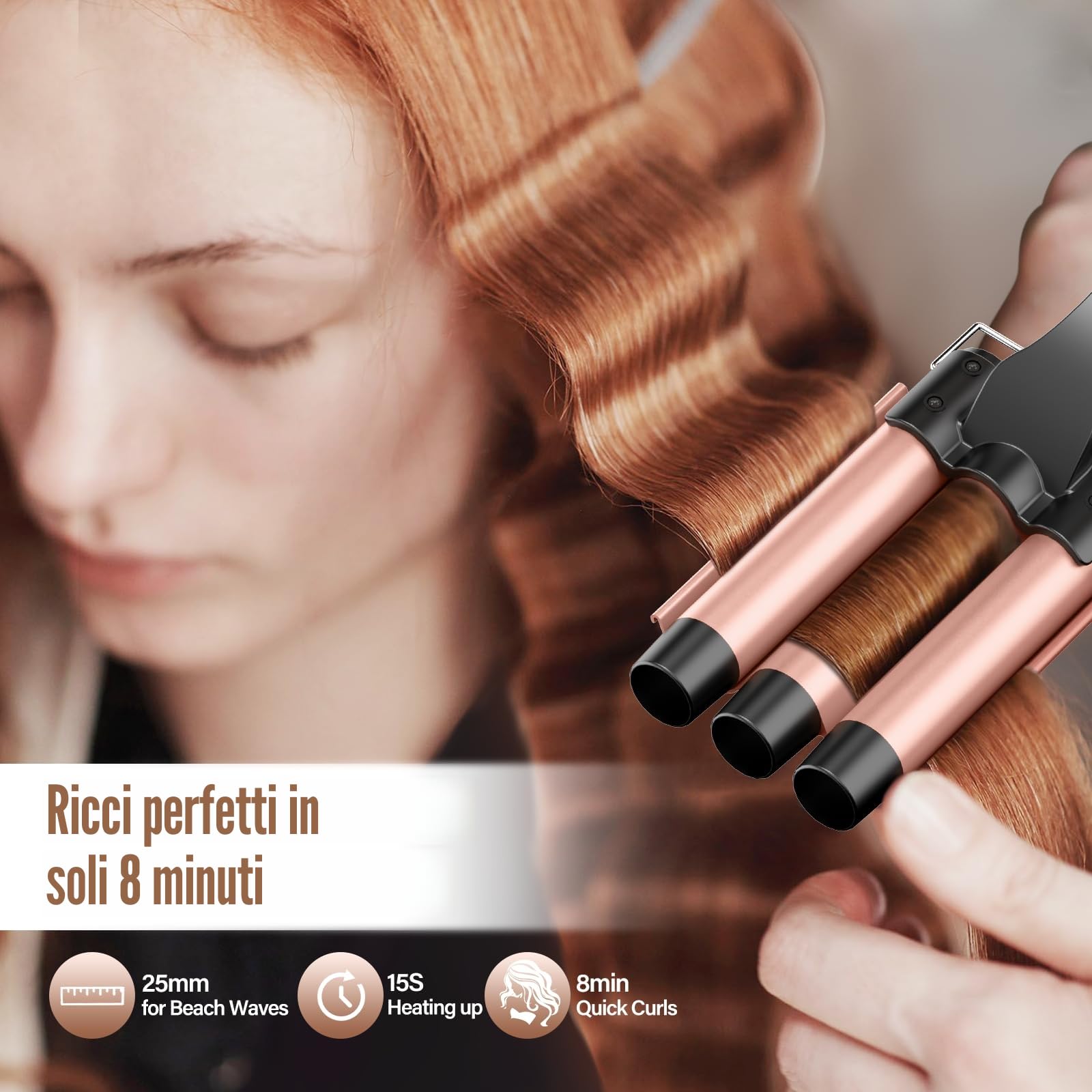 BESTOPE PRO Set di ferro arricciacapelli 5 in 1 – 3 fusti in ceramica per ricci e onde grandi – Riscaldamento rapido, 2 livelli di temperatura, bigodini con guanto e 2 clip, anti-crespo, doppia