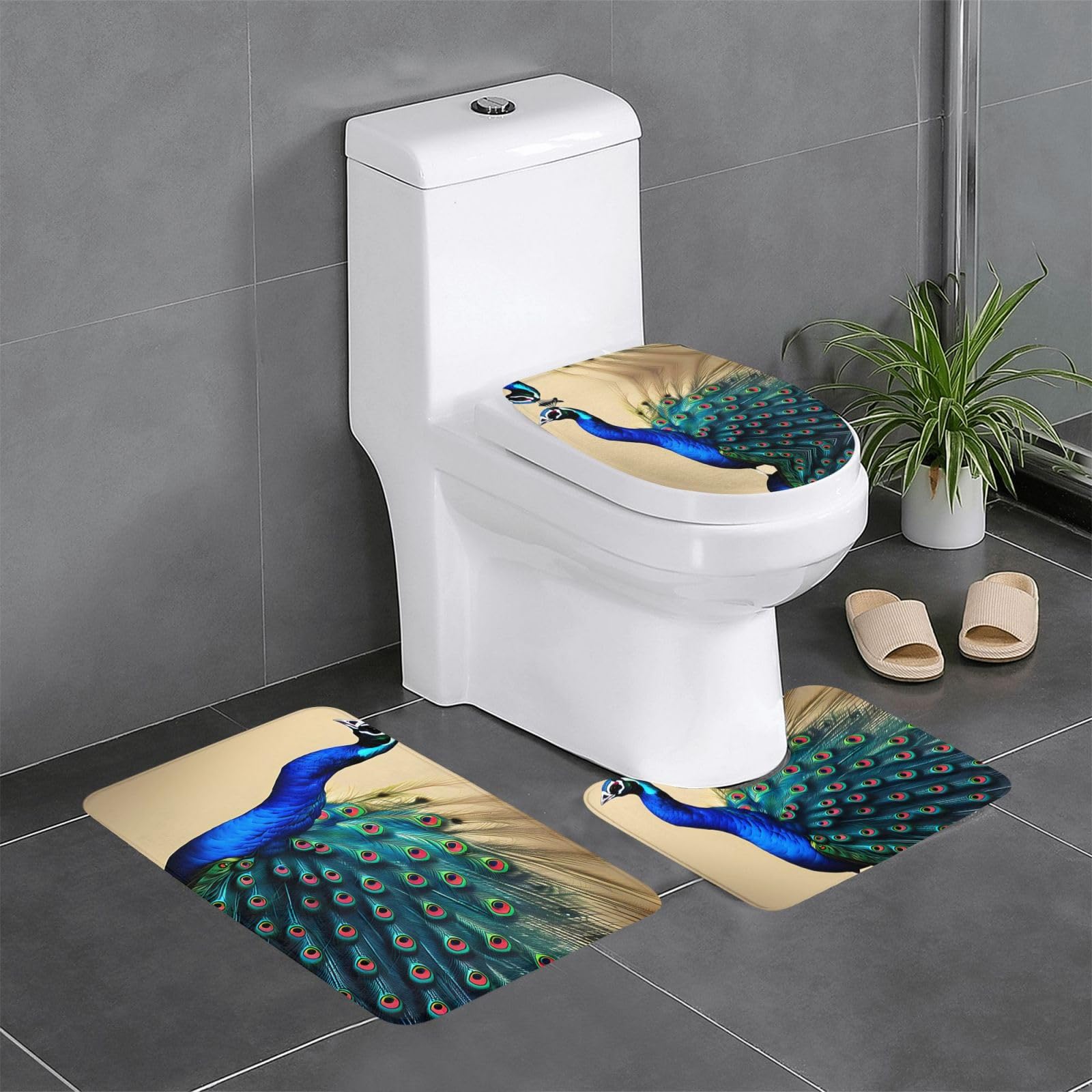 Tapis de salle de bain antidérapants lot de 3 pour WC lavabo couvercle paon 61x40cm
