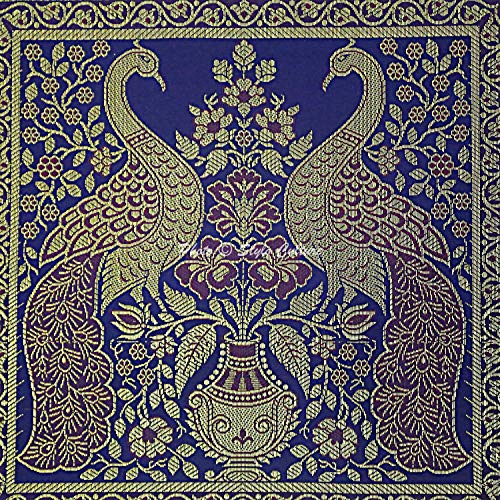 Image of Decorative Brocade Cushion Covers 16 Inch x 16 Inch Banarasi Jacquard Navy Blue & Gold Home Decor Peacock Traditional Square 40x40 cm Zippered Sofa Settee Pillowcases -Set of 2 Pcs