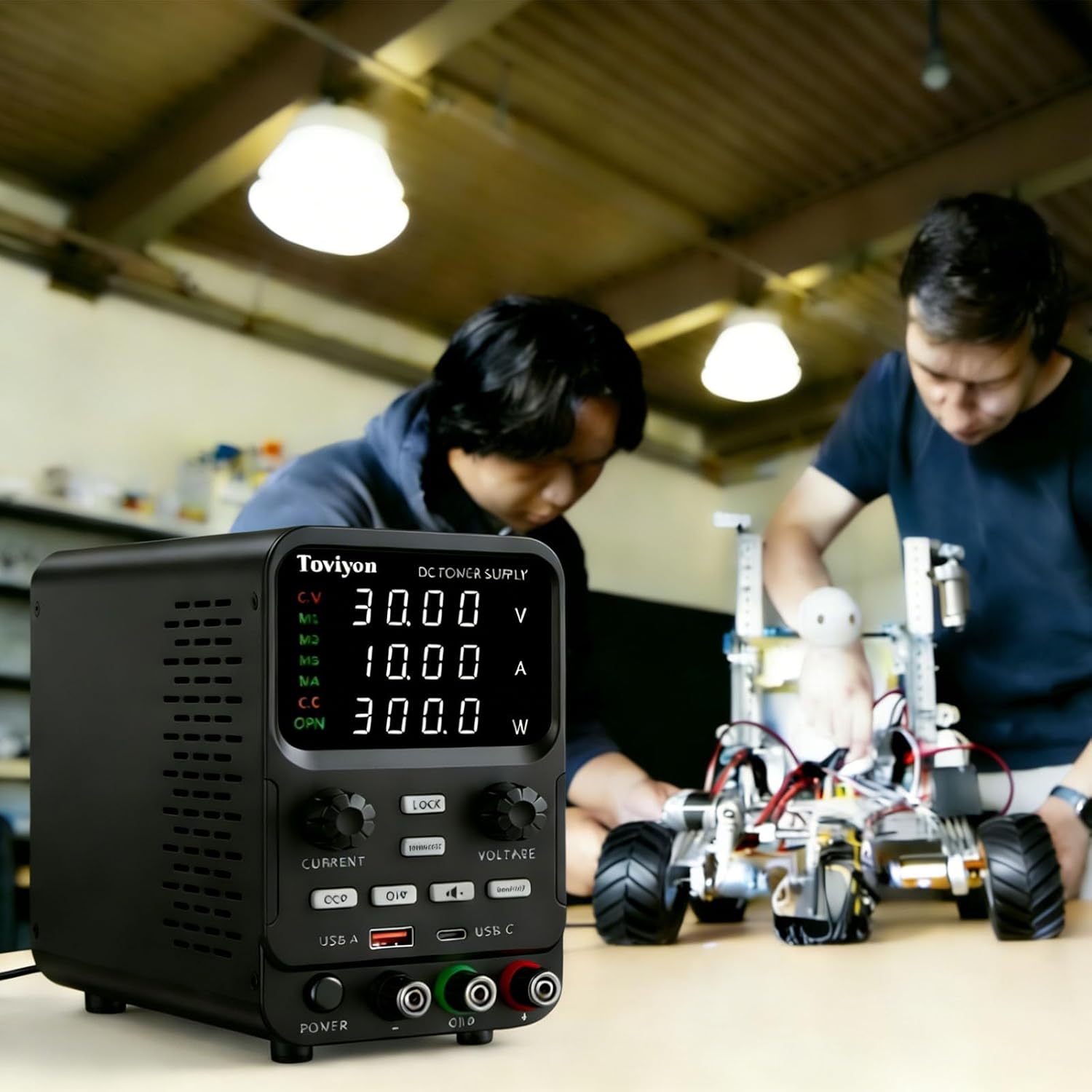 30V 10A DC Power Supply Variable, Adjustment Bench Power Supply with Encoder Knob, 4 Memory Presets, OCP/OVP Protection, USB-A and Type-C Fast Charge and Key Lock for Repair Lab DIY