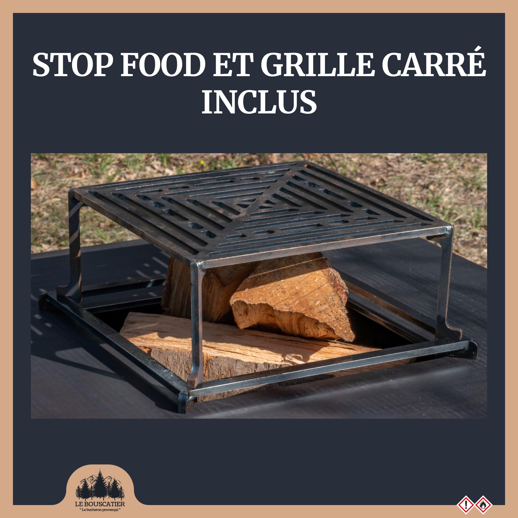 Brasero Plancha en Acier Corten – Barbecue Exterieur avec Rangement Bûches – Design Jardin Terrasse – Modèle Lou Pitchoun – Grille de Cuisson et Stop Food Inclus