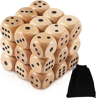 Wooden Dice Set - Premium Quality Standard Game Dice with Carry Bag for Casino Games, Yahtzee, DND, RPG 25 Pcs