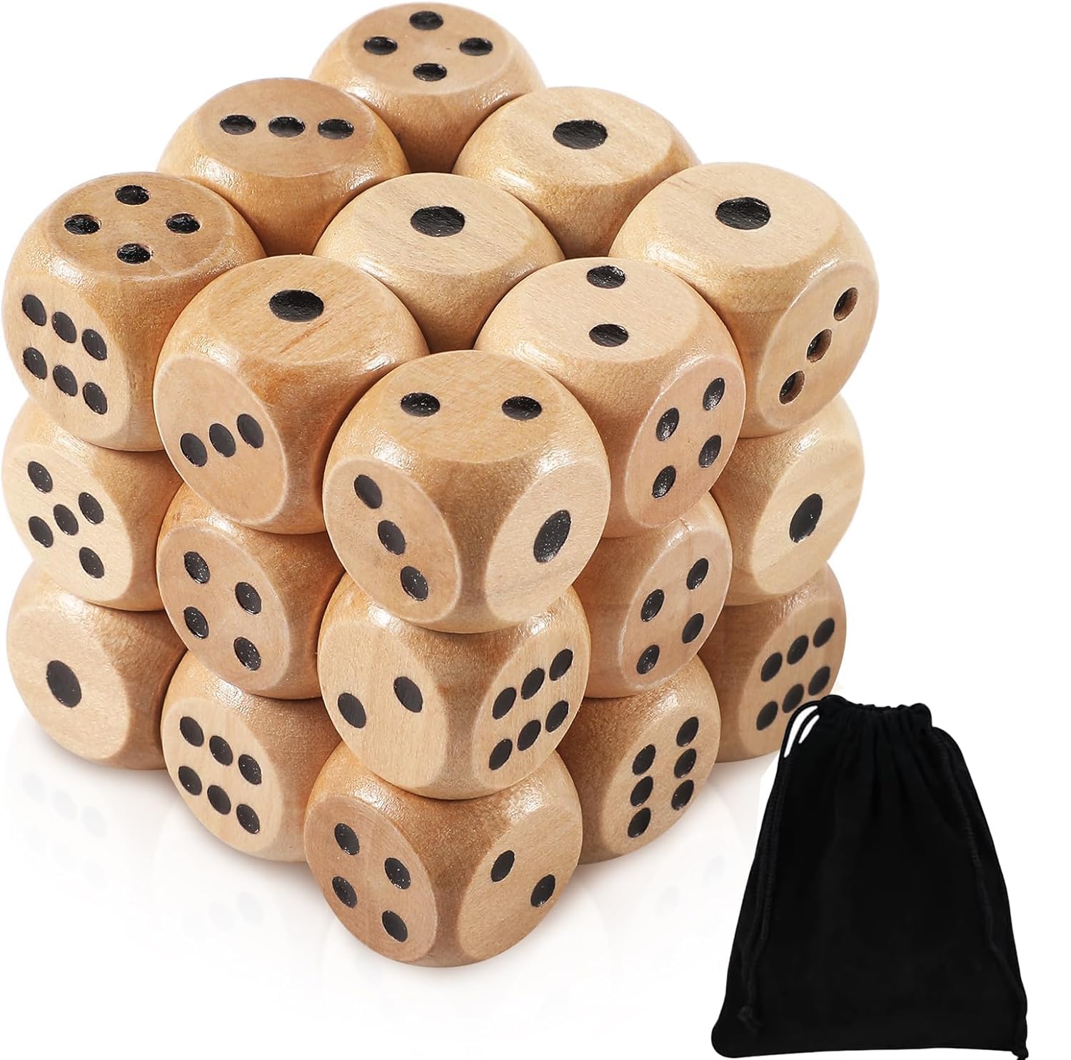 Wooden Dice Set - Premium Quality Standard Game Dice with Carry Bag for Casino Games, Yahtzee, DND, RPG 25 Pcs