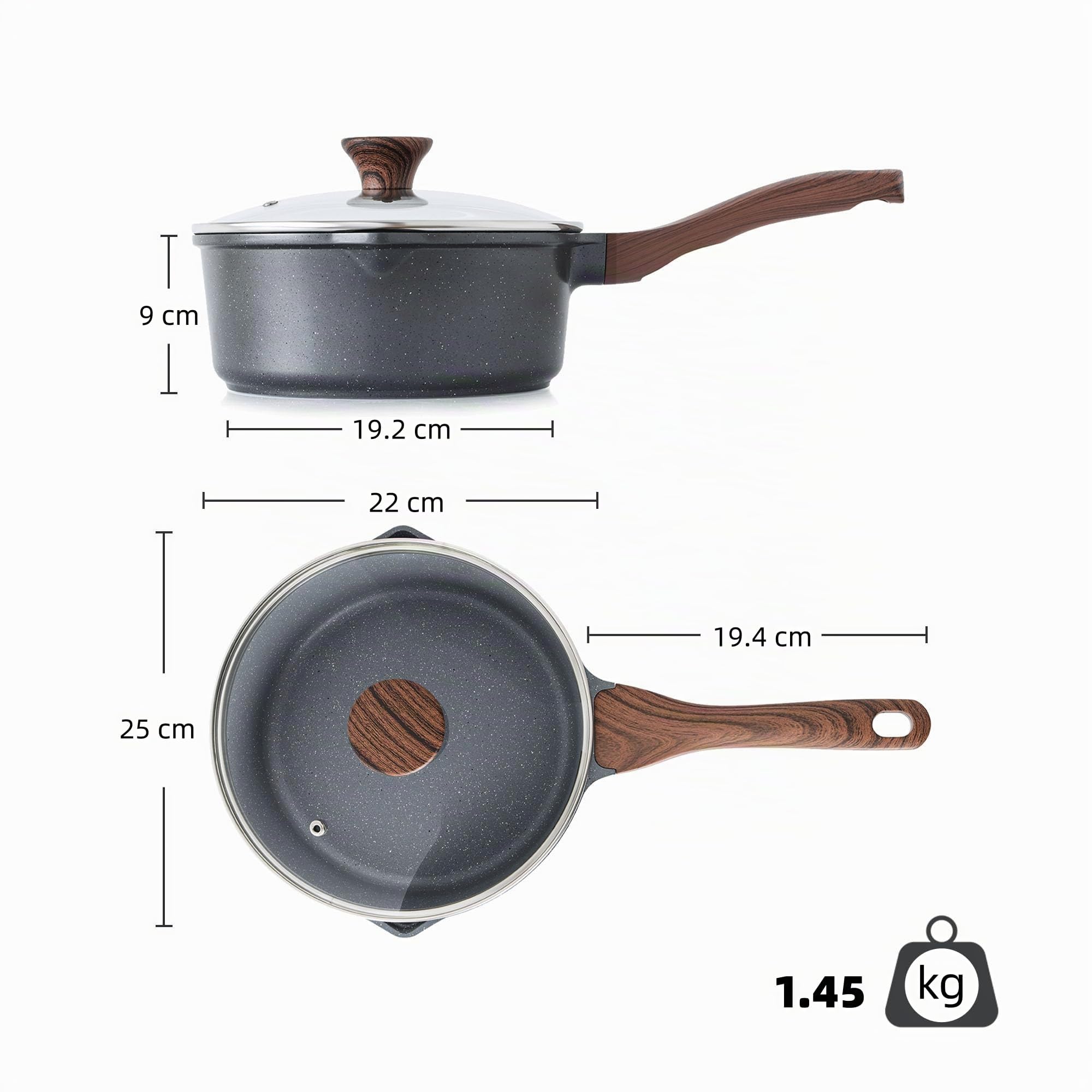 SENSARTE Casserole Induction 22 cm 3L Antiadhésive, Revêtement Granit, Couvercle Verre, 2 Becs Verseurs, Poignée Ergonomique, Compatible Tous Feux et Lave-Vaisselle