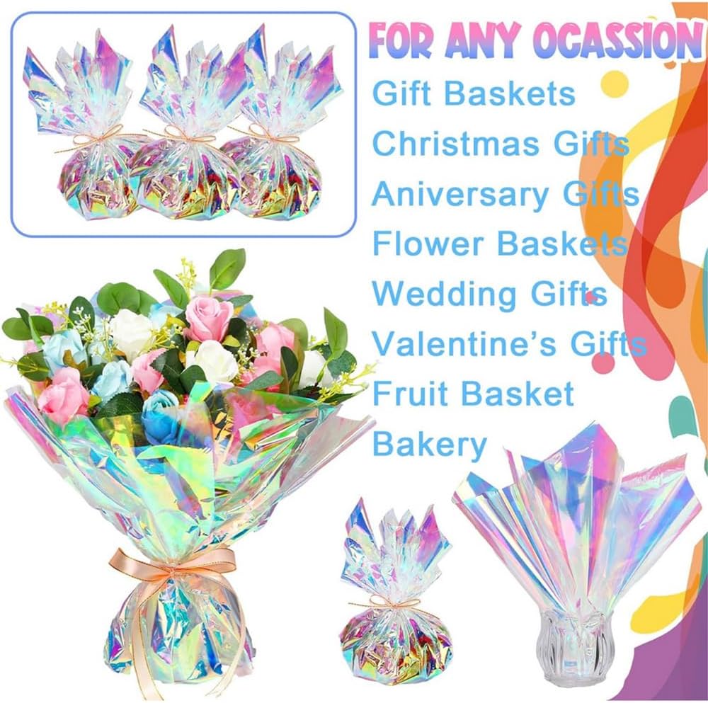 NatureMan 20 Sheets 19.6 in x19.6 in Iridescent Cellophane Wrap Paper Flower Wrapping Paper,Rainbow Wrapping Paper for Flower Gift Baskets Wrap DIY Wrapping