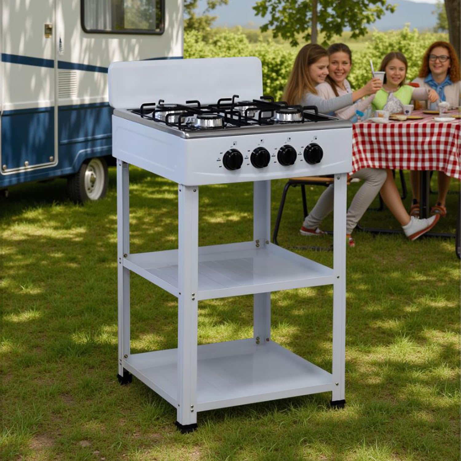 Marvin Fornello a Gas 4 Fuochi da Campeggio Piano Cottura con Supporto 2 Ripiani in Acciaio Cucina da Esterno Portatile Piastra Inox (Nero)