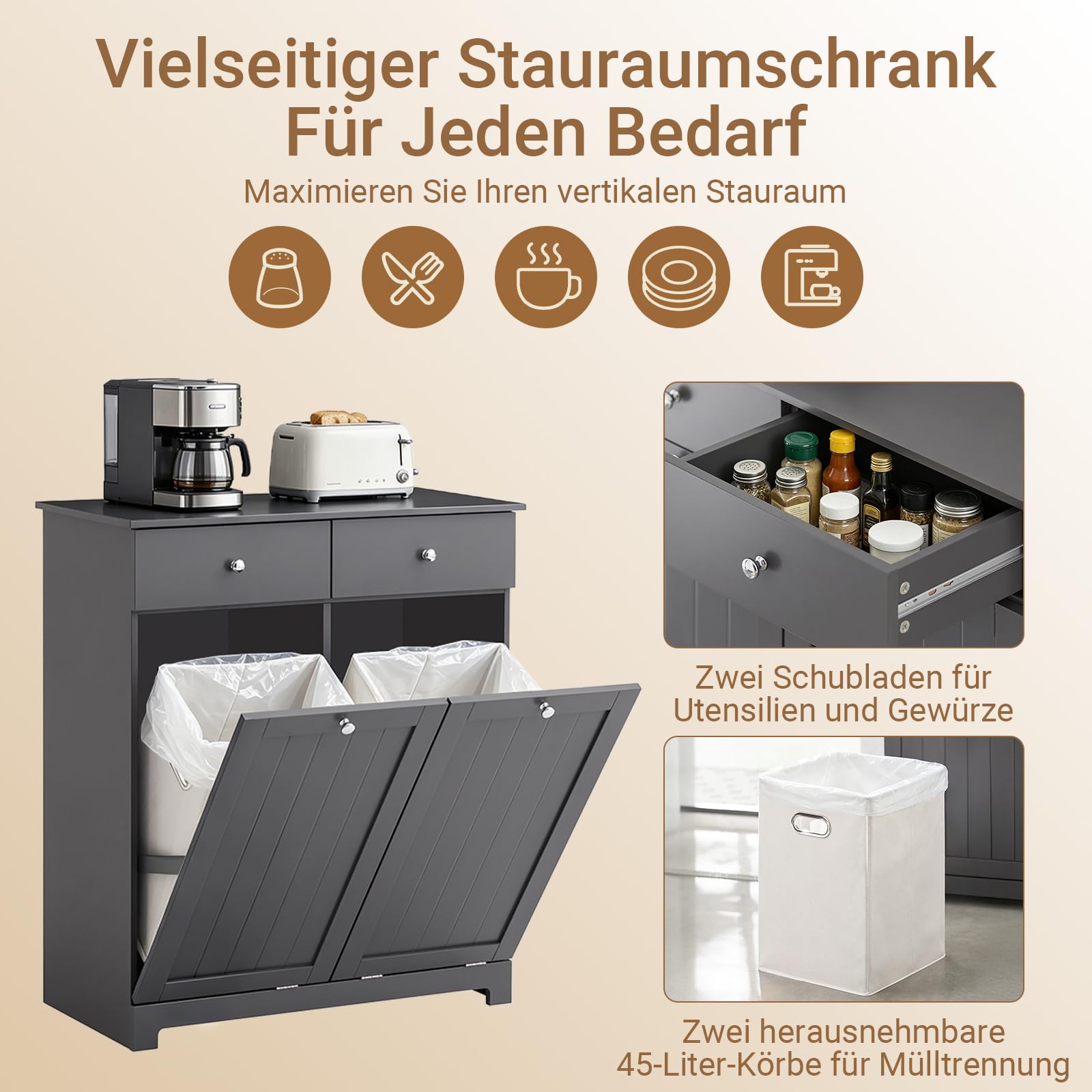 SoBuy Mülleimer Schrank mit 2 Fächern à 45L Mülltrennsystem Grau für Küche | Küchenschrank aus E1 MDF für Mülltrennung mit 2 Schubladen, Müllschrank BZR33-II-DG
