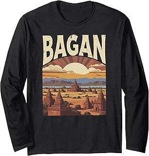 Bagan Myanmar, Vintage Sunset Over Ancient Landscape Temples Long Sleeve T-Shirt