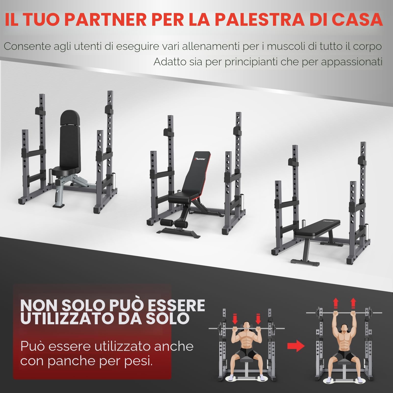 PASYOU SR30 Squat Rack Palestra, Porta Bilancieri Regolabile, Supporto Bilanciere Multifunzione, Max 800 KG