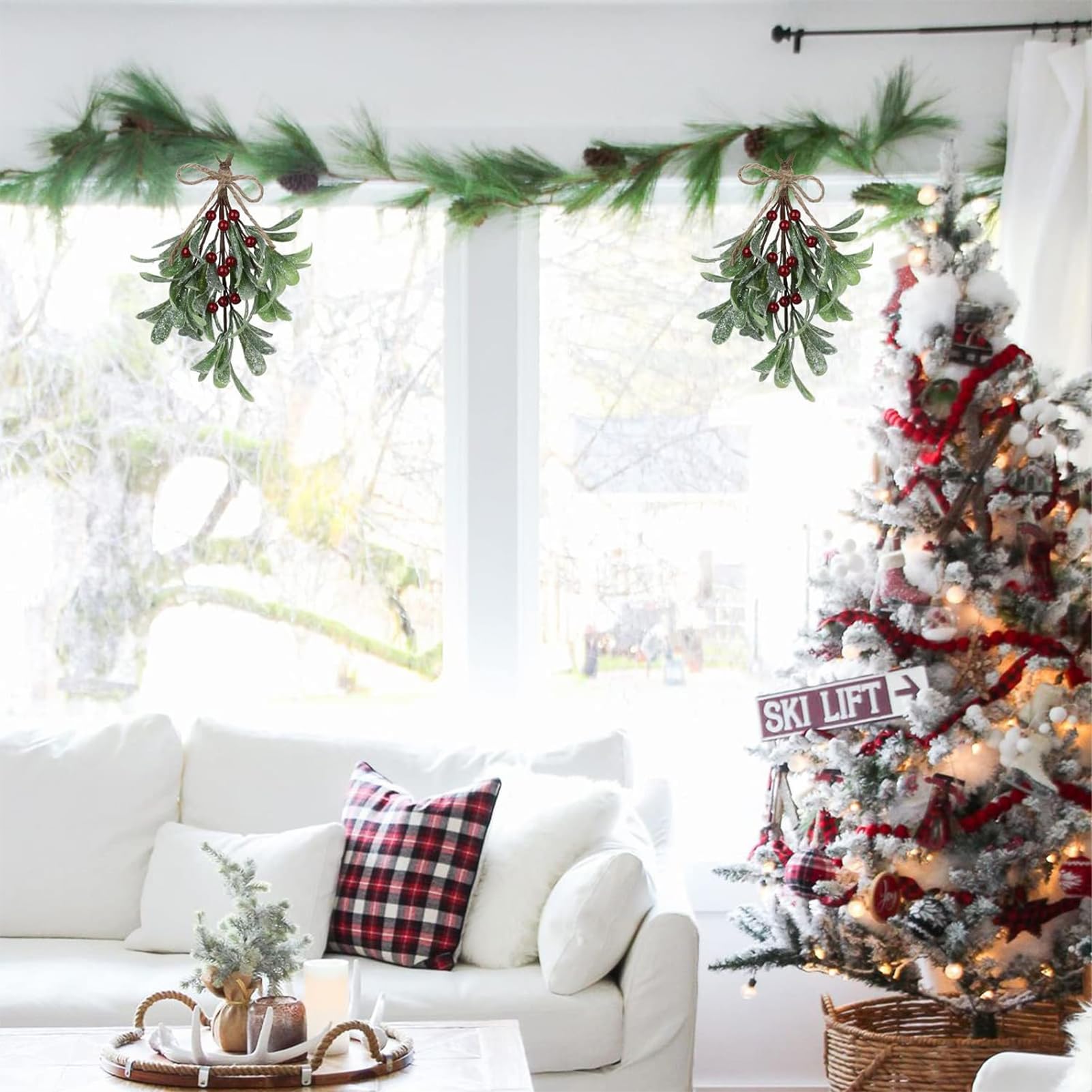 Mistelzweig Künstlich, Simulierte Weihnachts Mistelzweig Dekoration, Künstliche Mistelzweige Mit Frostbeeren Und Schleife, Mistelzweigs Hängedeko weihnachtens, Beerenstiele Ornament Für Girlande(Rot)