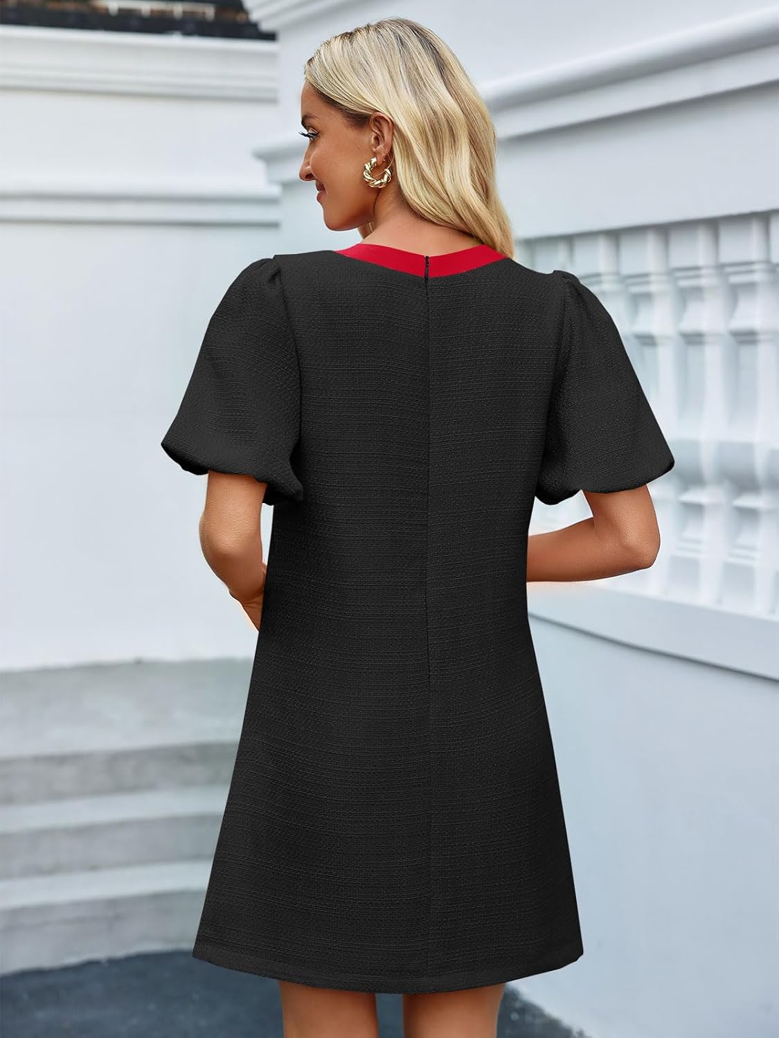 Wenrine Womens Summer Mini Dress Casual Tweed Short Sleeve Bow Work Business Dresses with Pockets - Image 4