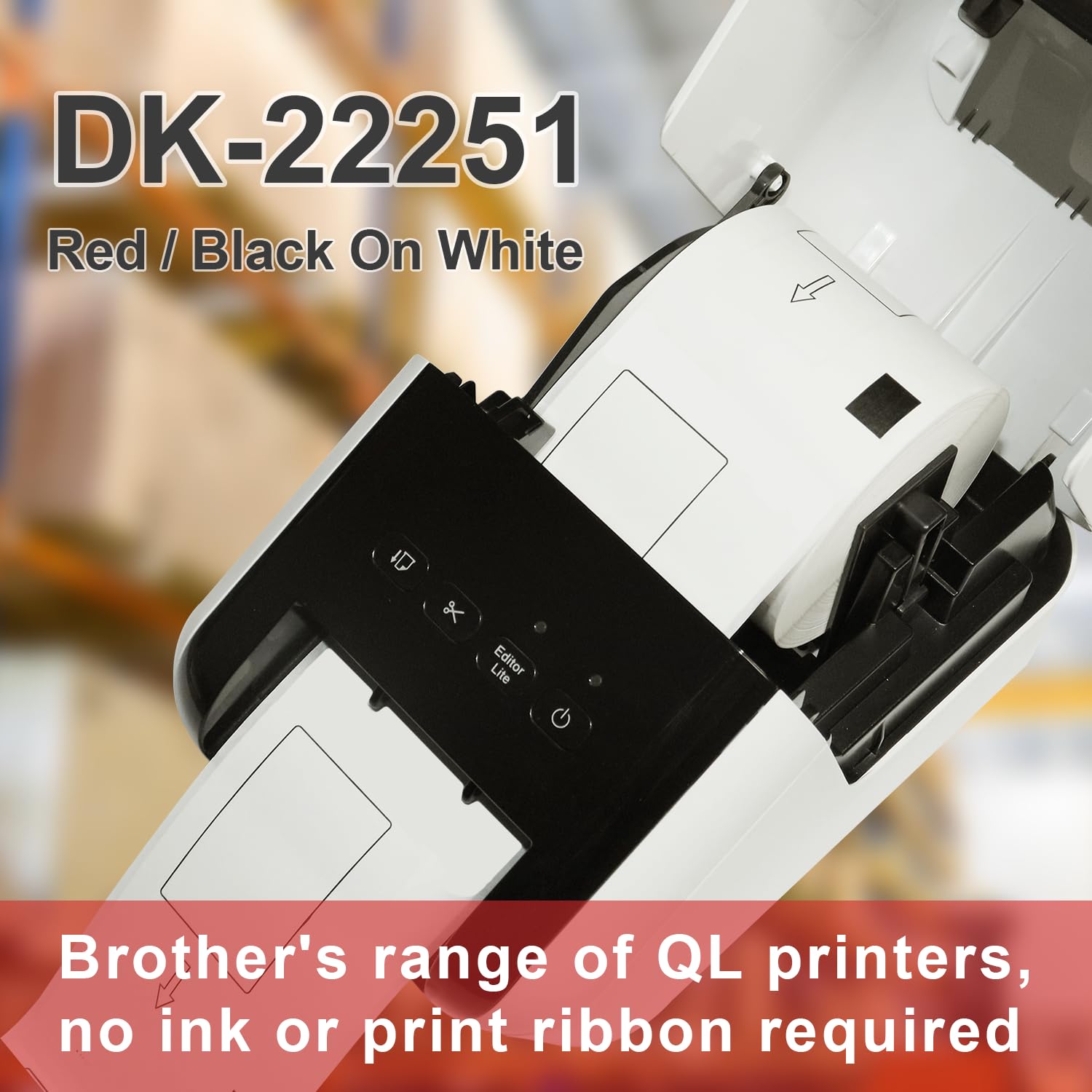 DOREE DK-22251, rojo y negro sobre blanco, 62 mm x 15,24 m, autoadhesivo, papel de cinta continua, compatible con Brother QL-600, QL-700, QL-720NW, QL-800, QL-810W, QL-820NWB, QL-1100, 1100NWB