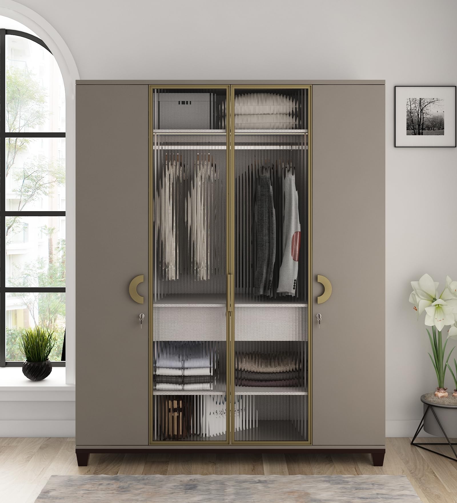 Spacewood Morgan 4 Door Wardrobe | Engineered Wood Almirah with 2 Drawers (2 Lockable) & 1 Hanging Spaces with Mirror | 3-Year Warranty | Sahara Beige (Matte), Dark Brown and Gold-picture-38