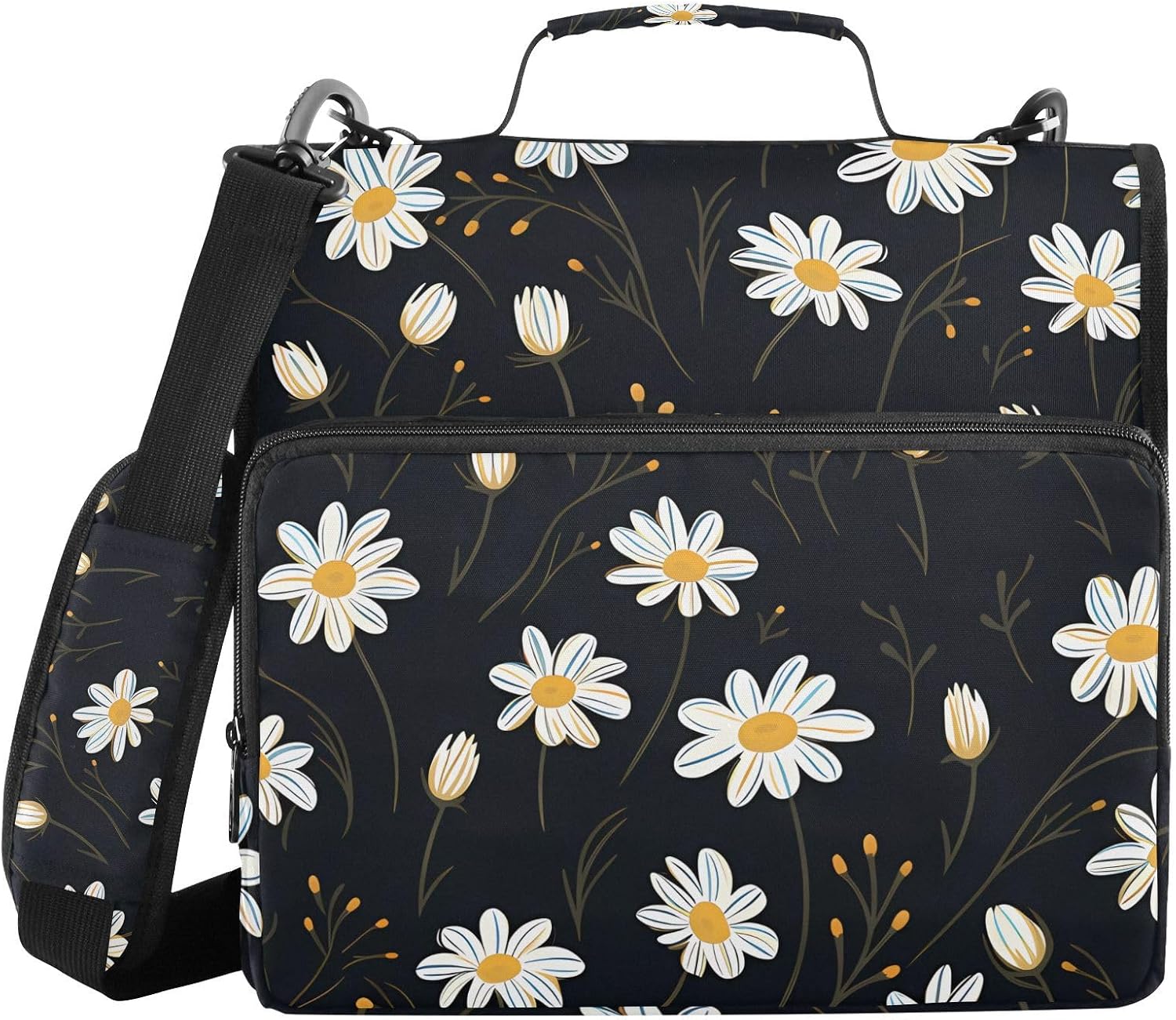 3 Ring Zipper Binder with Shoulder Strap White Daisy Flower Black 1.5 inch Binders Keeper Large Capacity Multi Pockets for School Office Supplies