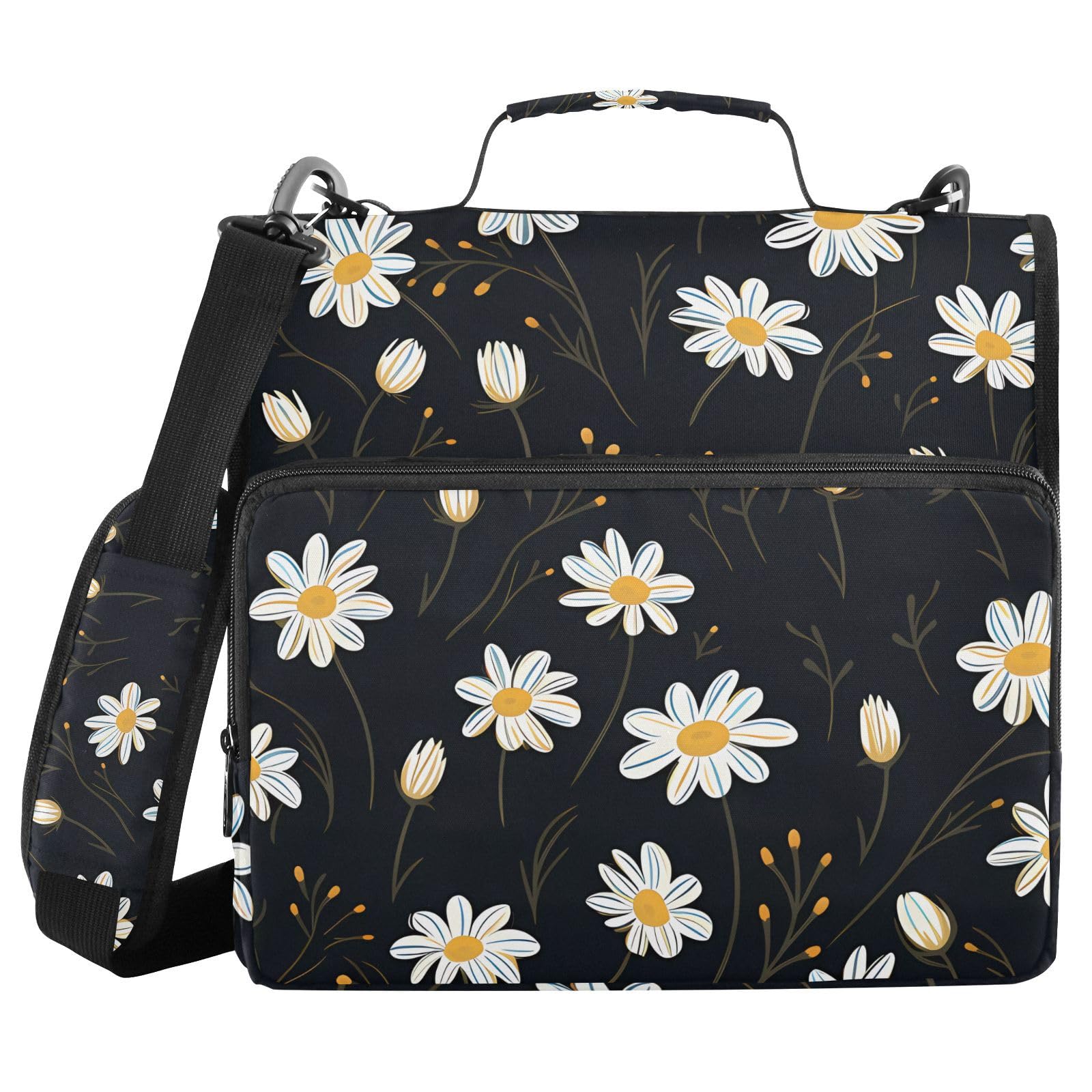 3 Ring Zipper Binder with Shoulder Strap White Daisy Flower Black 1.5 inch Binders Keeper Large Capacity Multi Pockets for School Office Supplies