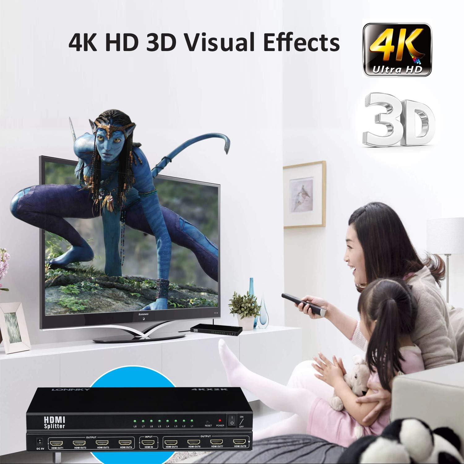 LONNKY Ultra HD 4K 60 Hz 1x8 HDMI Splitter Resolutions Up to Full Ultra HD 1080P and 3D Compatible with Xbox, PS4 PS3 Fire Stick Blu Ray Apple TV HDTV 8 Ports (1 in 8 Out) : Electronics