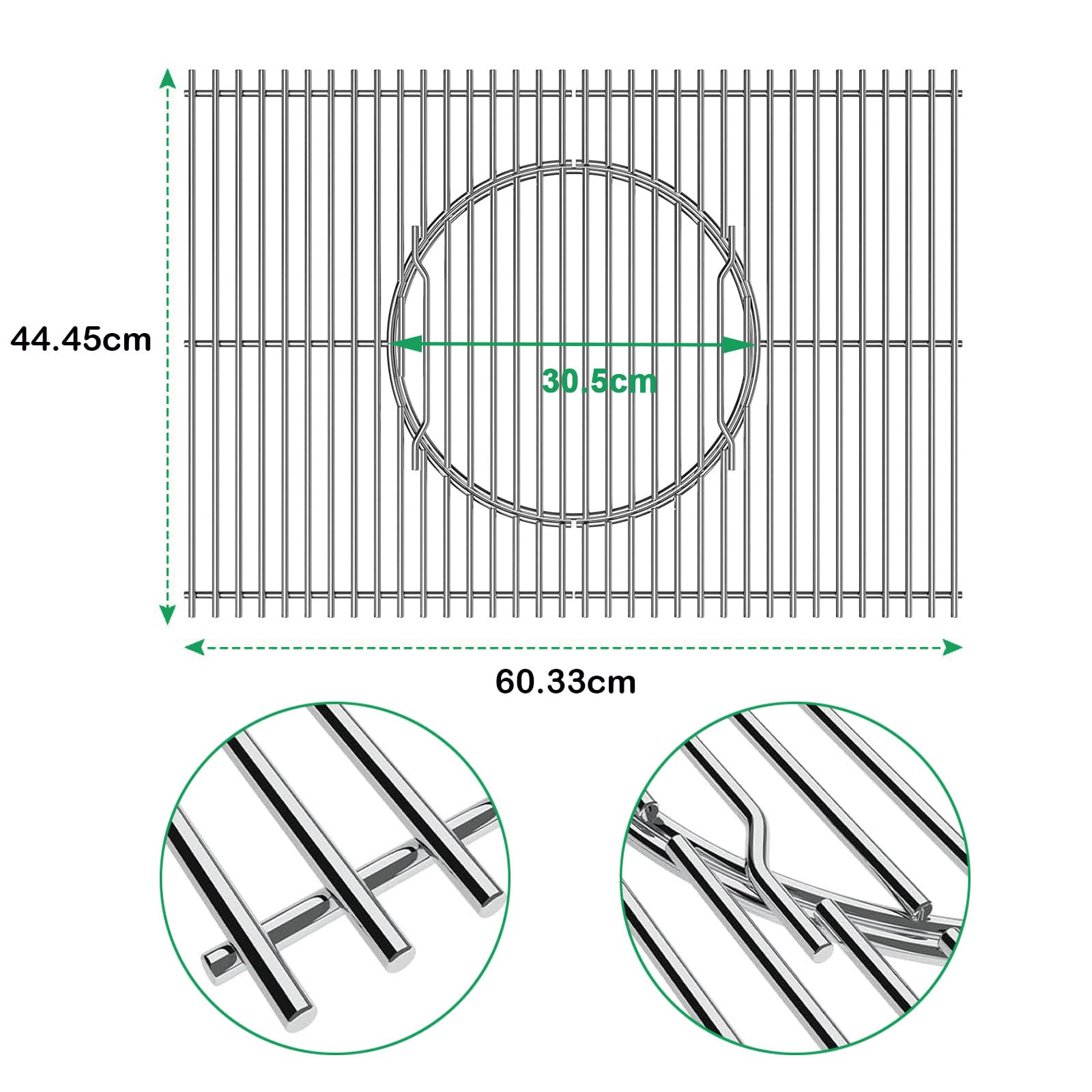 WELL GRILL Ruszt do grillowania ze stali nierdzewnej, 44,5 cm, z okrągłymi, wbudowanymi akcesoriami do Weber Spirit I & II E/S 310 320 330, Spirit 700, Genesis 1000-3500, Weber Gourmet BBQ Ruszt