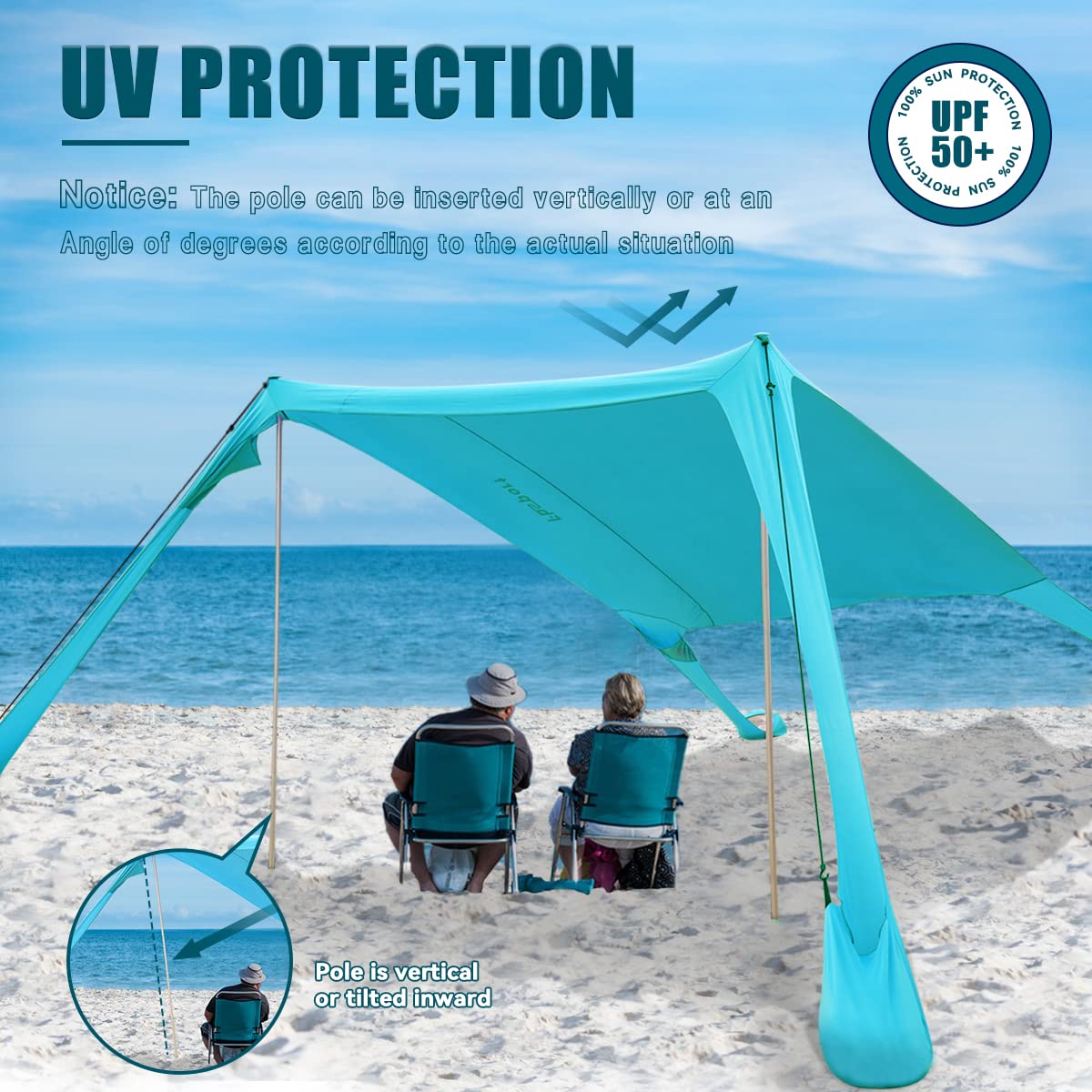 Tenda Portatile da Spiaggia con Protezione dai Raggi UV UPF 50+, Ancoraggi per la Sabbia e Barre in Alluminio per Cortile, Campeggio, Pesca e Picnic