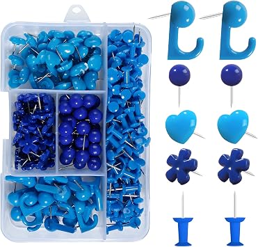 VAPKER 215Pcs Blue Push Pins Set,Hook Push Pins,Round Head Map Tacks,Flat Flower Thumb Tacks,Heart Shape Push Pins,Standard Push Pins Plastic Head with Steel Point