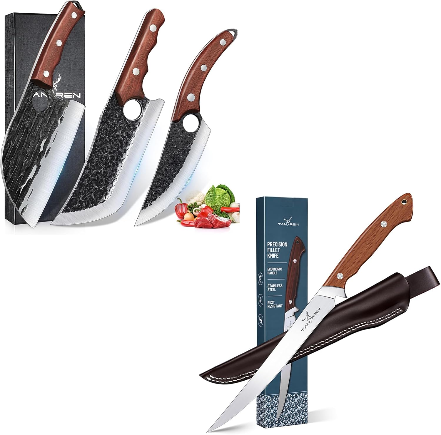 TAN REN 3PCS Butcher Knife Set for Meat Cutting, High Carbon Steel Kitchen Knives and 9 Inch Full Tang Fish Fillet Knife with Wood Handle
