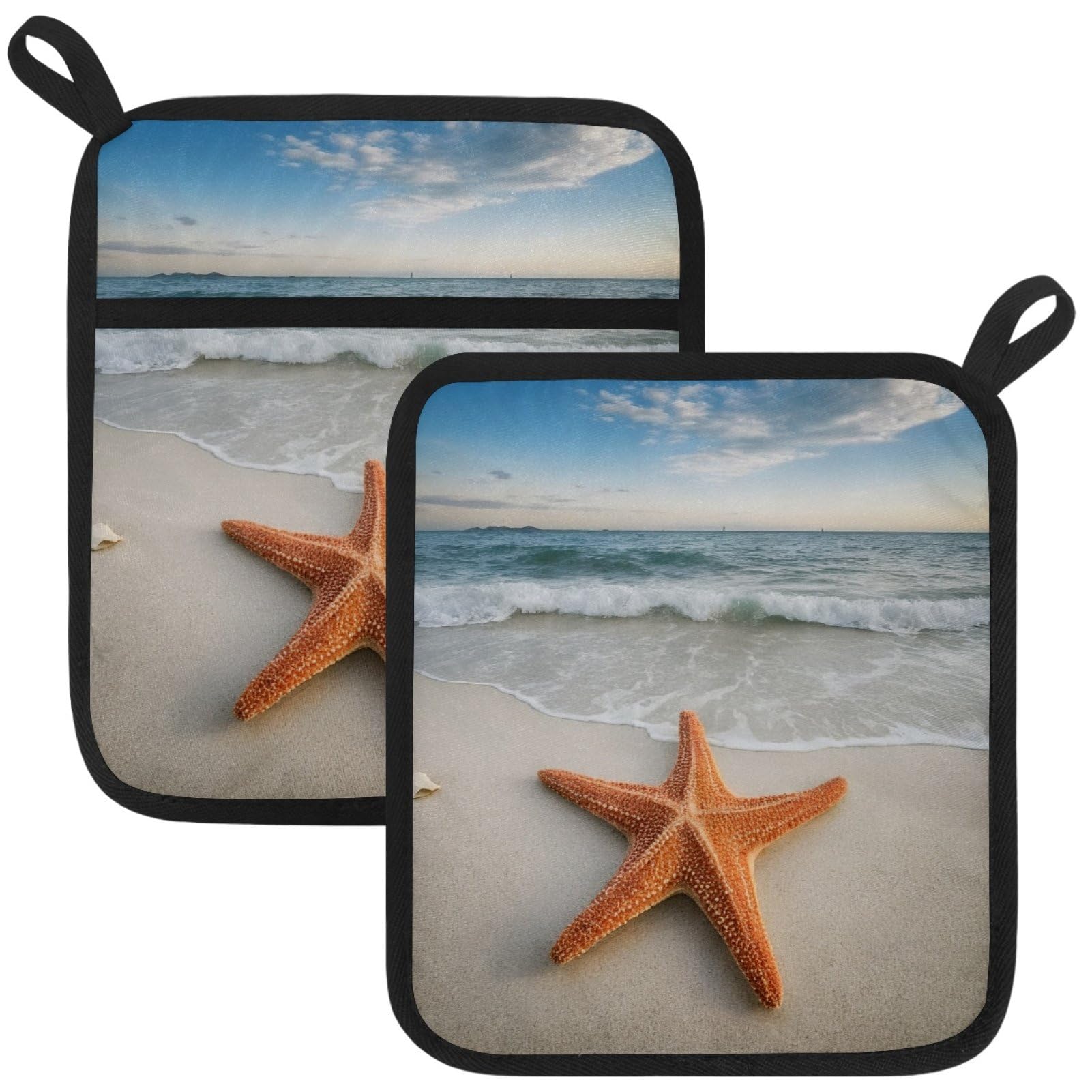 VAPOKF Beach Starfish Pot Holders with Pocket for Kitchen Heat Resistant Potholders Large Polyester-Cotton Square Oven Mitts Set