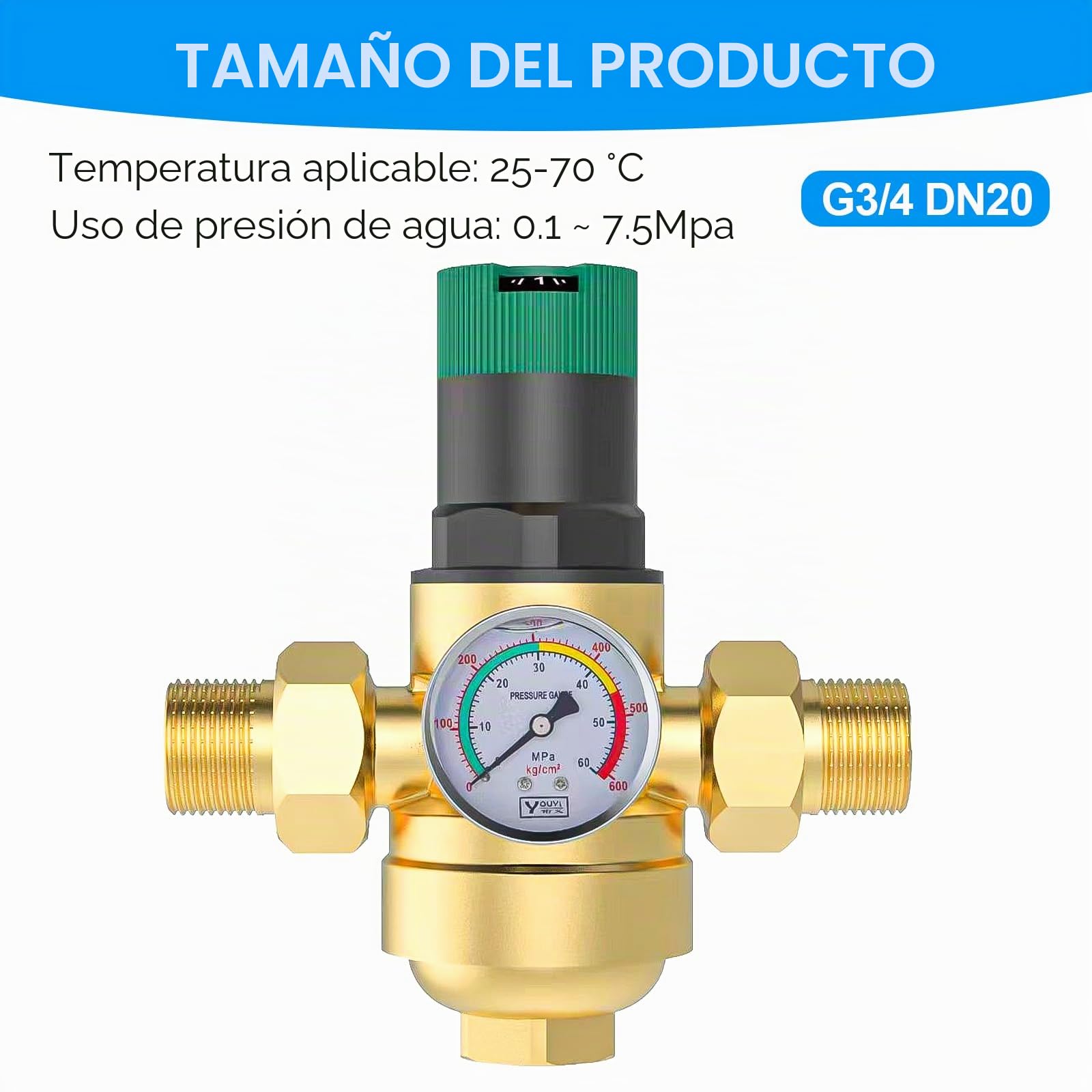 Regulador de Presion Agua, 3/4 Pulgadas Reductor de Presion de Agua, Manometro Presion Agua, Válvula de Alivio de Presión de Agua de Latón para Regular La Presión del Agua