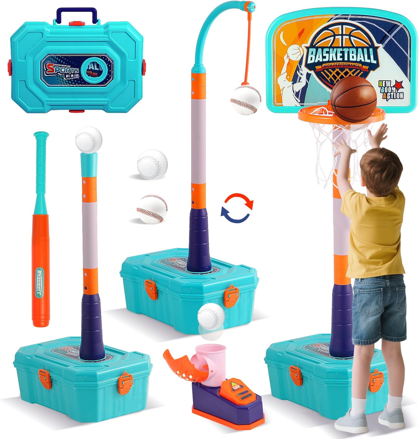 Kids Basketball Hoop and T Ball Set for Toddler 3-5, 4 in 1 Height Adjustable - Toddler Basketball Hoop Indoor Toy for Kids Outdoor Basketball Goal, Portable Sport Toy Gifts for Boy Age 3 4 5