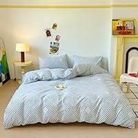 Vista 2 de LIWHENHAO - Juego de funda de edredón geométrica tamaño Individual, 100% algodón, azul con rayas de cadenas, a cuadros sobre blanco, 1 funda