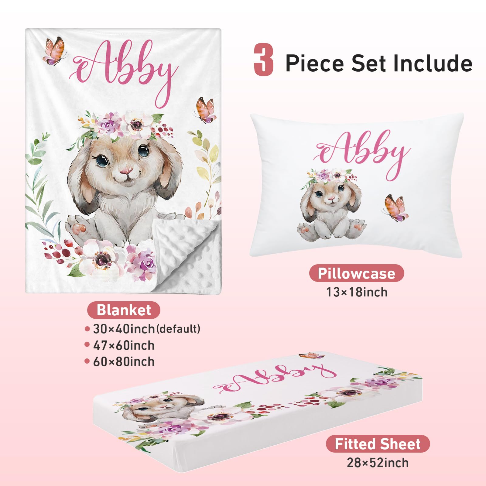 Rucekia Personalized Crib Bedding Set for Baby Boy Girl, Custom Name Rabbit Design 3 Piece Baby Bedding Set, Including Plush Blanket, Fitted Sheet and Pillowcase for Newborn Nursery Gift