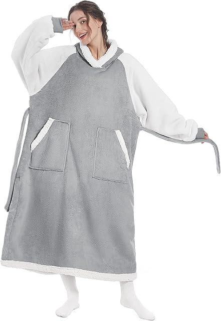 Adafsta Oversized Long Wearable Blanket Hoodie for Women Men, Thick Sherpa Fleece Sweatshirt with Side Split and Belt ,Super Warm and Cozy Fuzzy Plush,One Size Fit All
