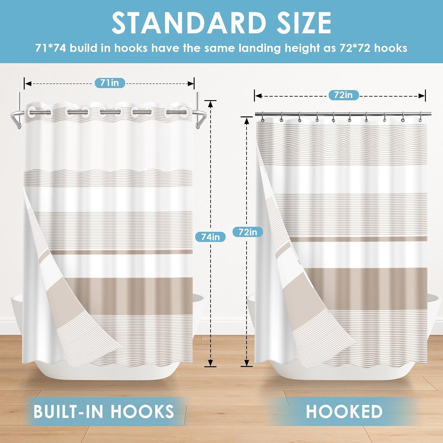 No Hook Beige Shower Curtain with Snap in Fabric Liner Set, Boho Striped Modern Double Layers Waterproof Fabric with See Through Top Window Open Grommet Bath Curtain 71x74 Inch