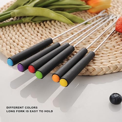 Miniatura 2 de Juego de 6 tenedores para fondue de acero inoxidable, con mango de color térmico para asar fuente de chocolate, 9.1 pulgadas, Negro -