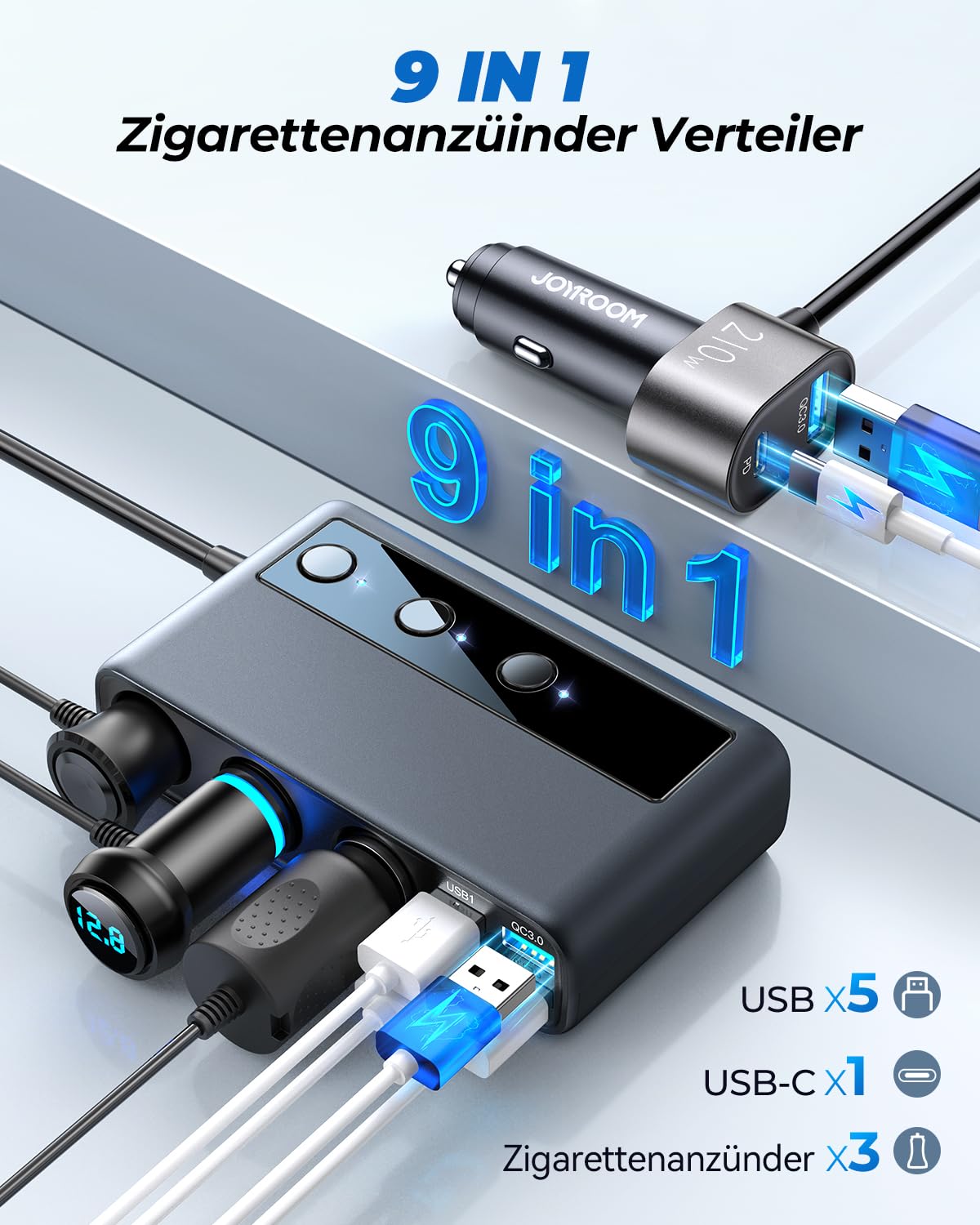JOYROOM 210W Zigarettenanzünder Verteiler 9 IN 1,【2026 Upgrade】 Auto KFZ Ladegerät Adapter, 3 Fach 12V/24V Stecker Ladekabel Splitter mit 5 USB Anschlüsse für iPhone 17/iPad/Dashcam/GPS/Sitzheizung