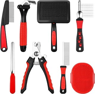 Baderke 8 Pc Pet Grooming Kit - Dematting Comb, Detangling Brush, Rake, Bath Brush, Nail Clipper & File for Dogs & Cats