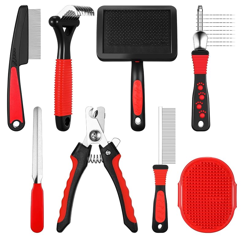 Kit de Higiene e Tosa para Cães e Gatos Baderke com Pentes Desembaraçadores, Escova, Cortador e Lima, 8 Peças