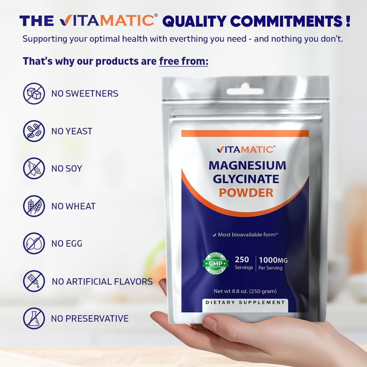 Vitamatic Magnesium (from Glycinate & Oxide) - Supports Muscle, Joint, and Heart Health 250 Grams (Pack of 2)