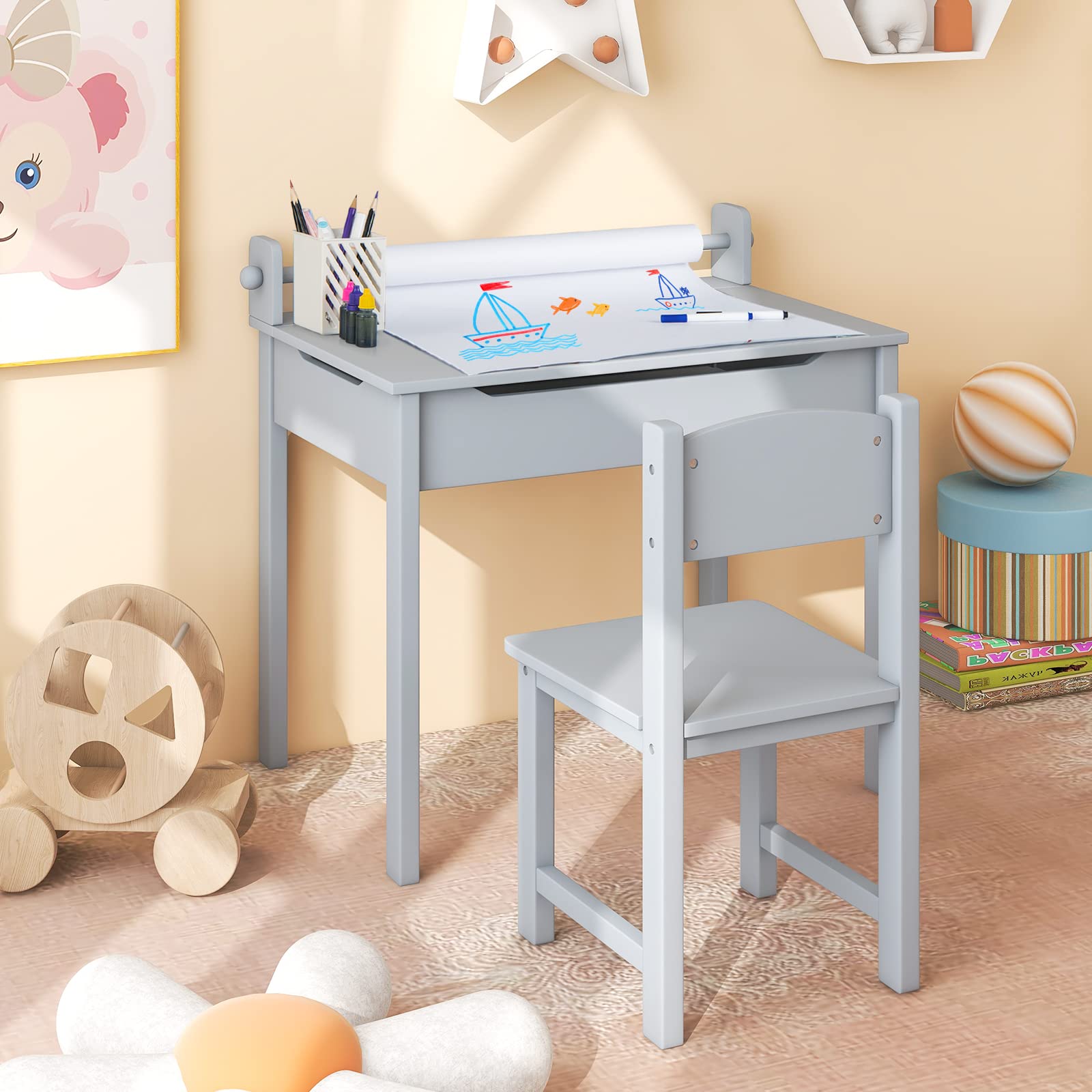 COSTWAY Set Tavolo e Sedia d’Arte per Bambini 3+ Anni, Scrivania in Legno di Pino da Disegno con Portarotolo, Piano Ribaltabile & Vano Portaoggetti, Rotolo di Carta (10m) e 2 Pennarelli (Grigio)