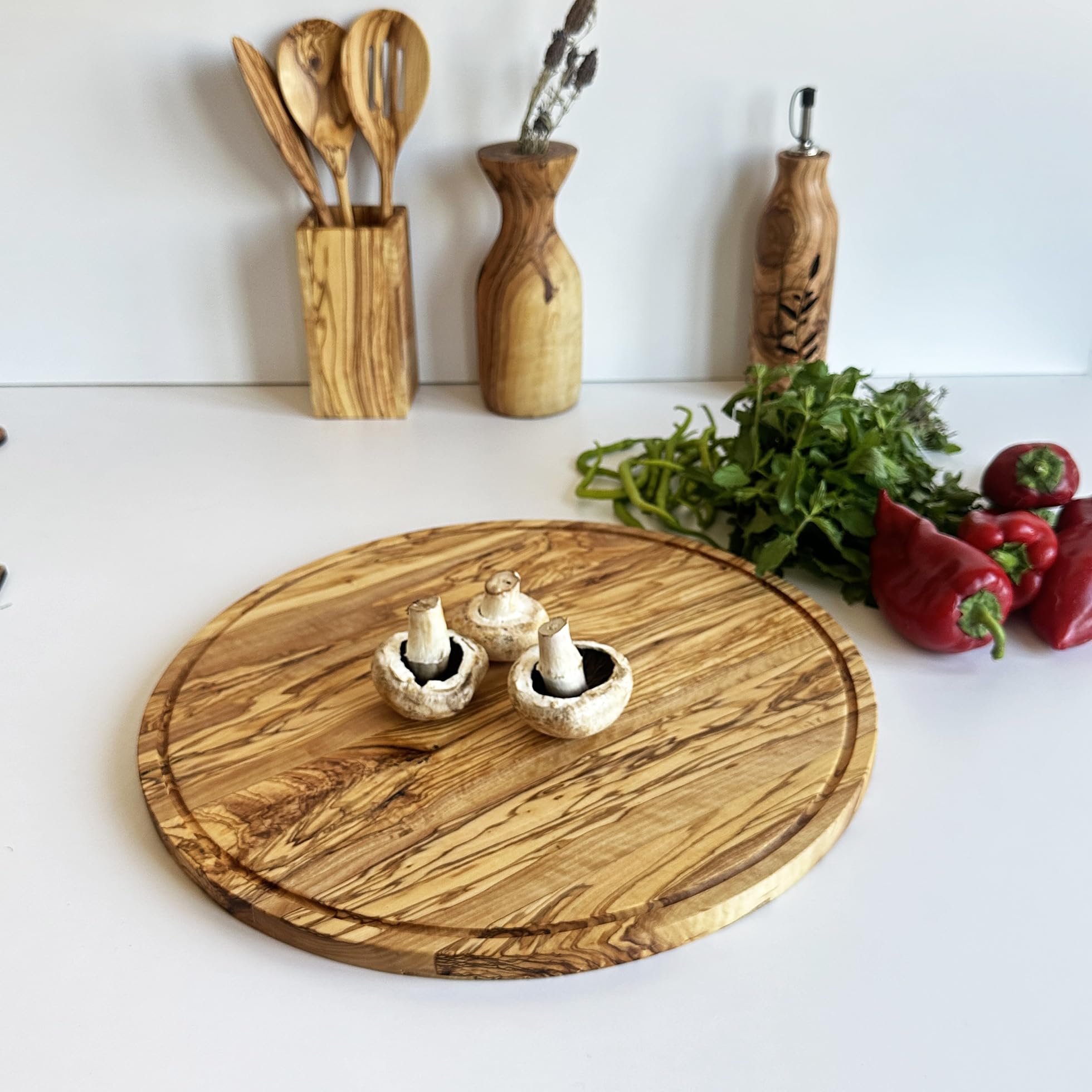 Rundes Pizzabrett aus Olivenholz, rundes Schneidebrett aus Holz (40 cm)