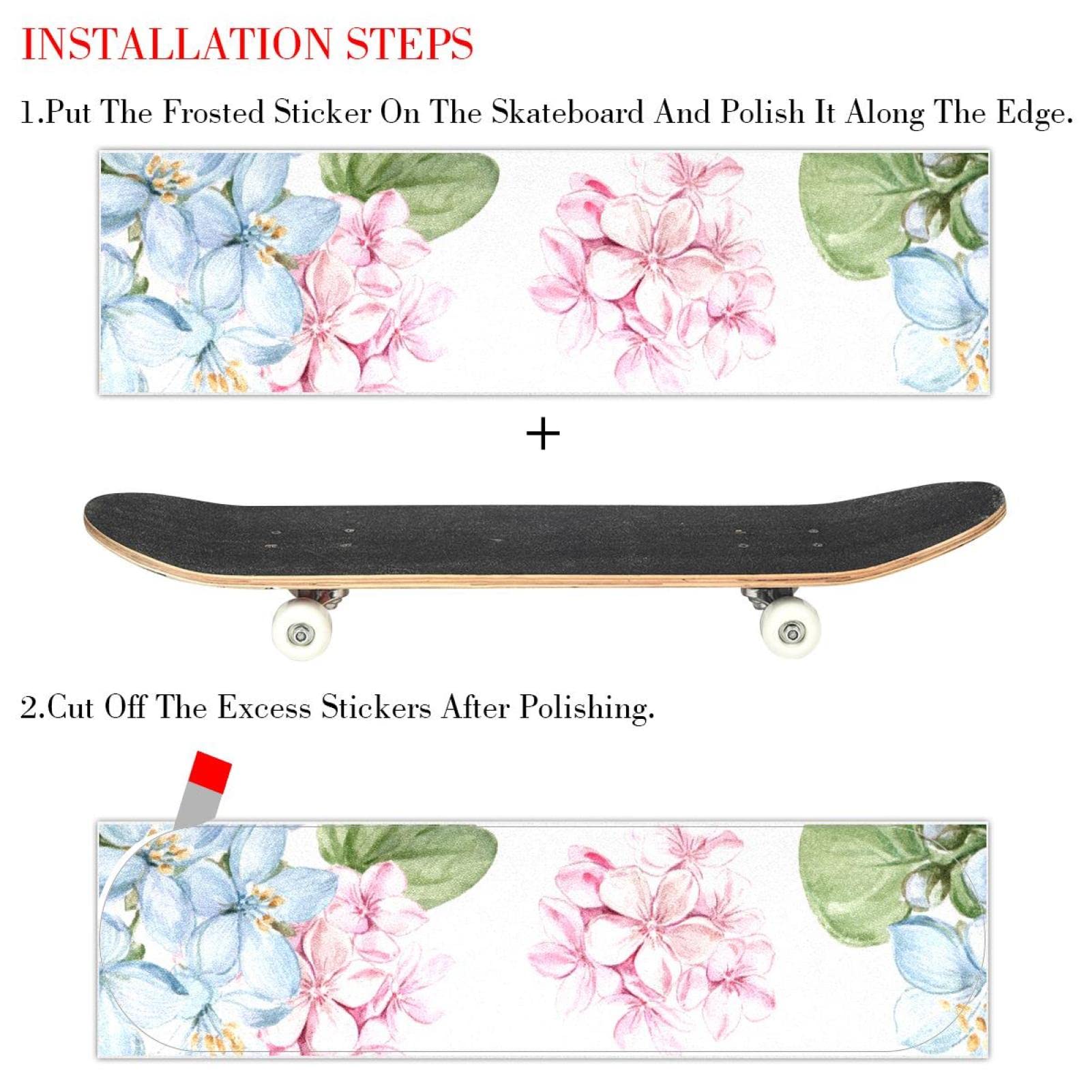 Lot de 2 feuilles de papier abrasif pour skateboard Motif floral Rose/bleu