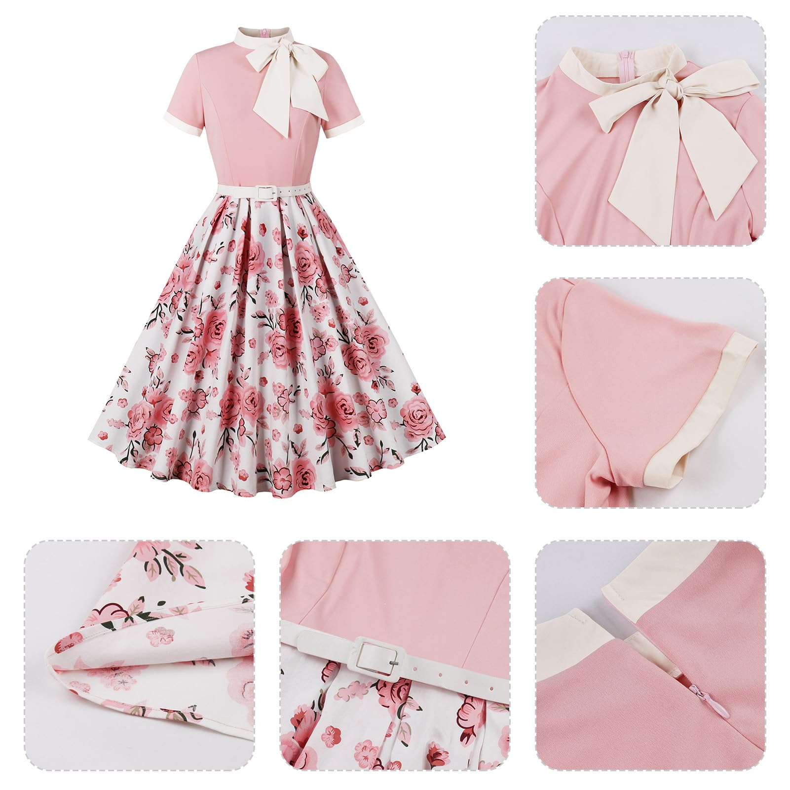 IDOPIP Robe élégante pour femme avec col noué - Style rétro années 1950 - Pour cocktail, bal de fin d'année, soirée formelle, rockabilly