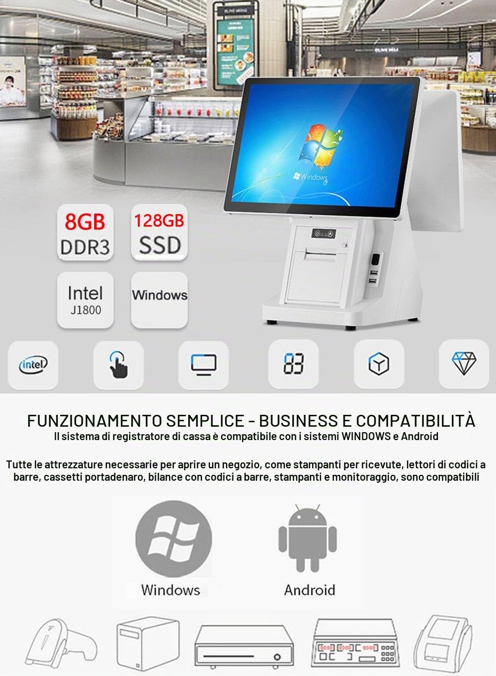 Registratore di Cassa Telematico Touchscreen 15.6 Pollici,Doppio Display,Stampante 58mm,Wi-Fi,8GB RAM,128GB SSD,Angolo Regolabile per Ristoranti,Bar,Supermercati,Centri