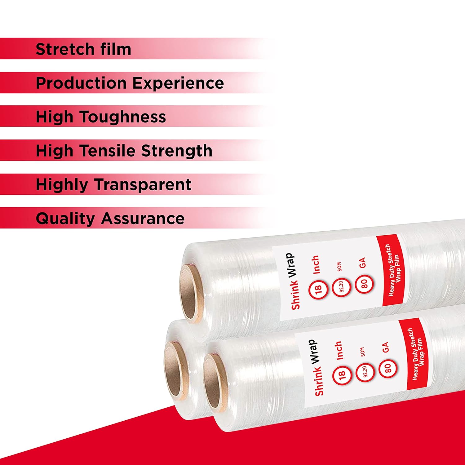 Shrink Wrap 4-Rolls Heavy Duty Stretch Wrap Film Industrial Strength Thick Clear Plastic Pallet Supplies Durable Self-Adhering, Packing, Moving, 18" x 97.20 SQM 80 Gauge (20 Micron) : Office Products