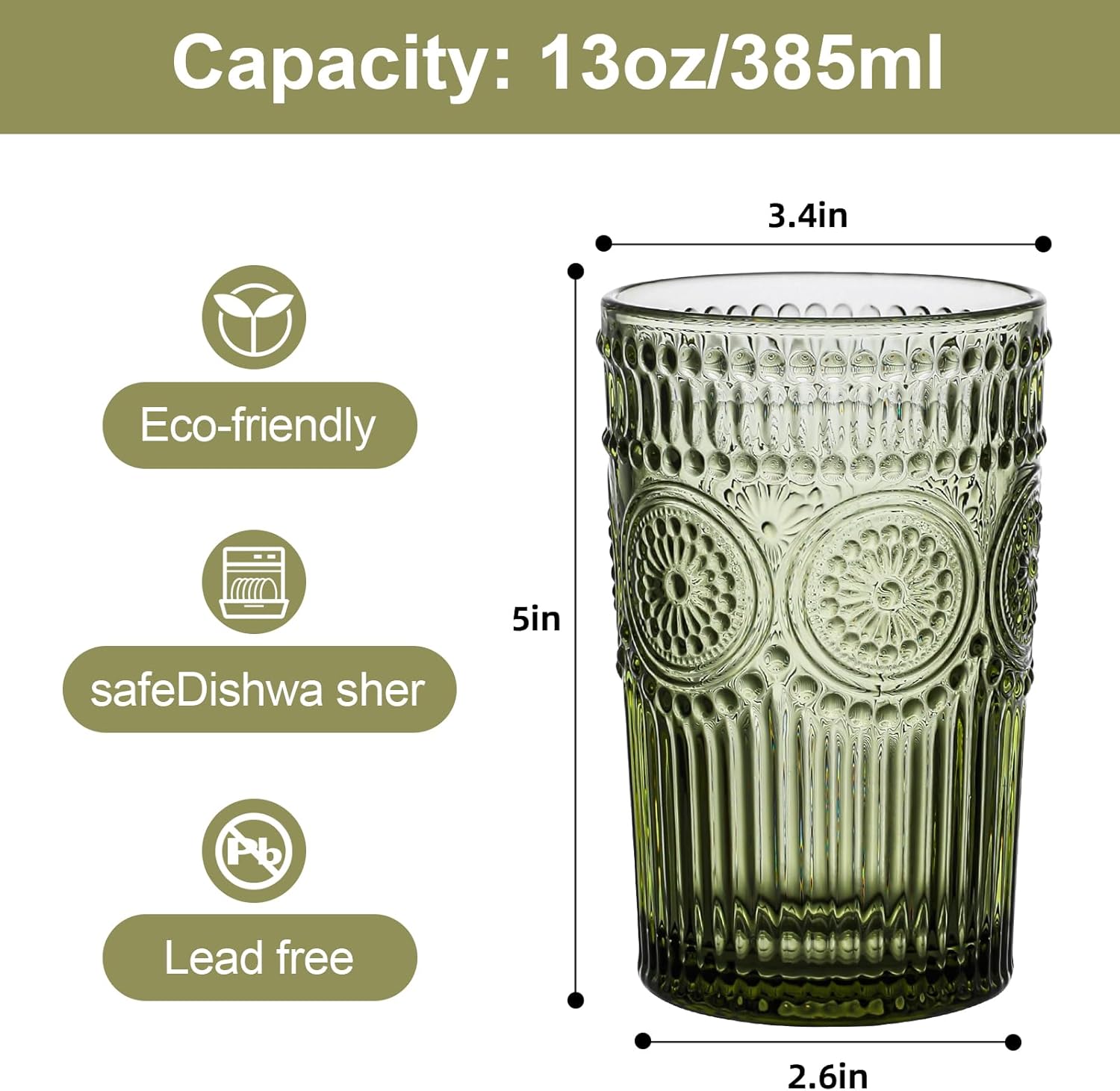 ZMOWIPDL Vintage Glassware Drinking Glasses Set of 6,13 oz Green Textured Flower Design Glass Water Tumblers?Embossed Striped Drinkware for Water,Cocktails,Juice,Iced Coffee