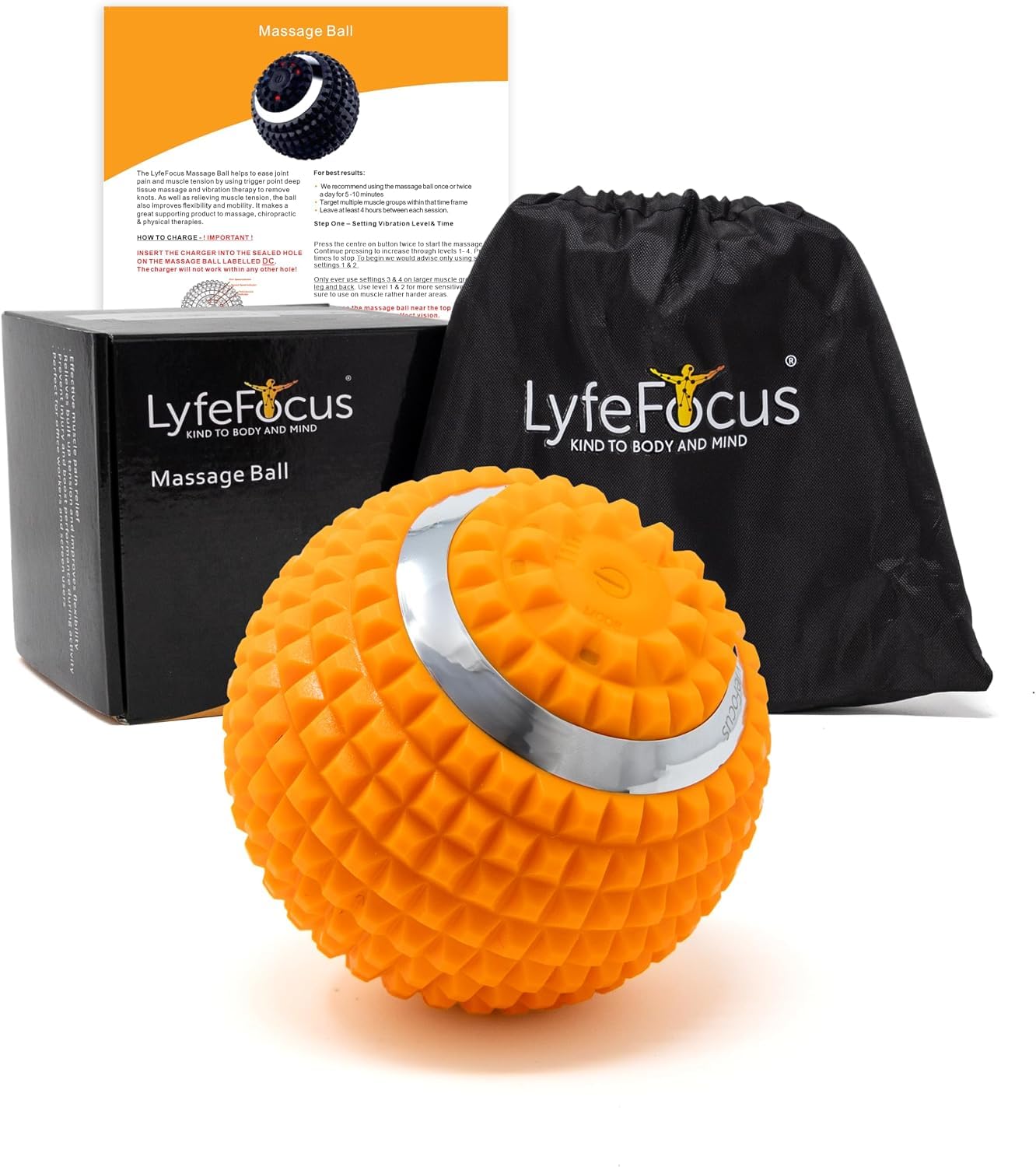LyfeFocus Massage Ball with 4 Safety Approved Vibration Settings for Pain and Muscle Tension Relief - Specialist Approved Sports Trigger Point Massage Roller Ball - with Carry Bag (Orange)