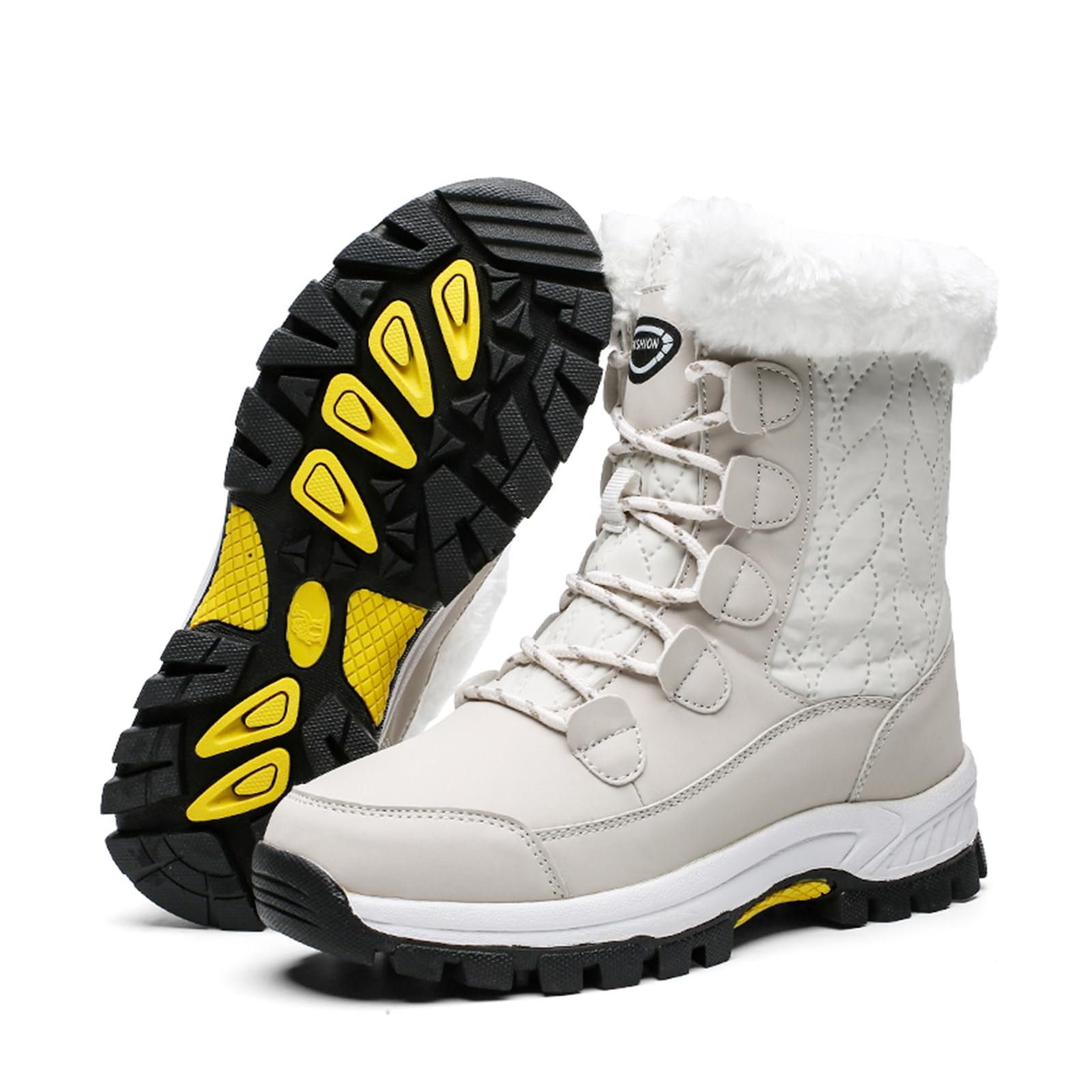 Womens Winter Faux Leather Platform Lace-Up Snow Boots Fashion Round Toe Fur Lined Lug Sole Outdoor Waterproof Non-Slip